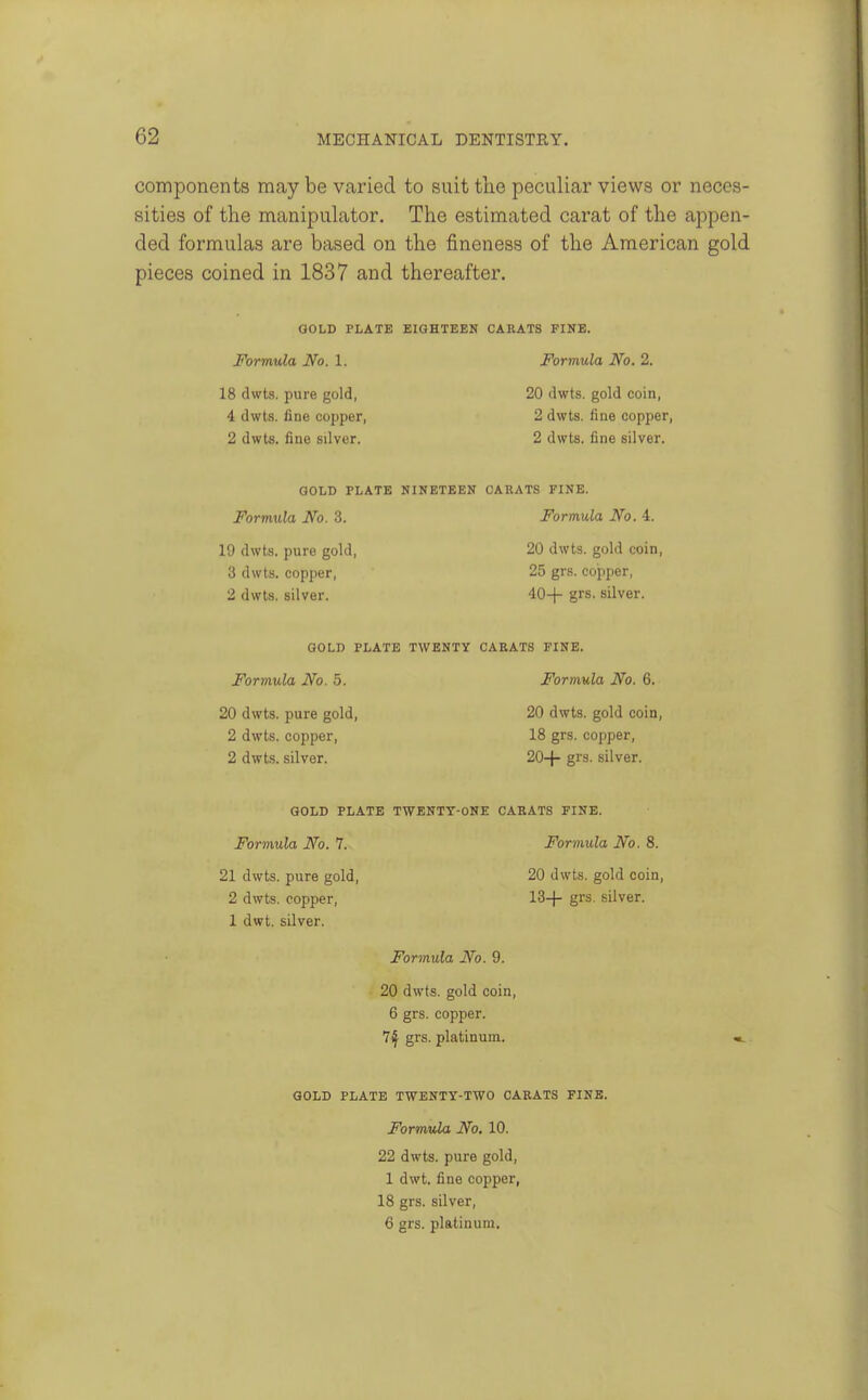 components may be varied to suit the peculiar views or neces- sities of the manipulator. The estimated carat of the appen- ded formulas are based on the fineness of the American gold pieces coined in 1837 and thereafter. GOLD PLATE EIOHTEEN CARATS FINE. ForrriMla No. 1. Formula No. 2. 18 chvts. pure gold, 20 dwts. gold coin, 4 dwts. fine copper, 2 dwts. fine copper, 2 dwts. fine silver. 2 dwts. fine silver. GOLD PLATE NINETEEN CARATS FINE. Formula No. 3. Formula No. 4. 19 dwts. pure gold, 20 dwts. gold coin, 3 dwts. copper, 25 grs. copper, 2 dwts. silver. 40-(- grs. silver. GOLD PLATE TWENTY CARATS FINE. Formula No. 5. Formula No. 6. 20 dwts. pure gold, 20 dwts. gold coin, 2 dwts. copper, 18 grs. copper, 2 dwts. silver. 20-|- grs. silver. GOLD PLATE TWENTY-ONE CARATS FINE. Formula No. 7. 21 dwts. pure gold, 2 dwts. copper, 1 dwt. silver. Formula No. 9. 20 dwts. gold coin, 6 grs. copper. 1^ grs. platinum. Formula No. 8. 20 dwts. gold coin, 13-j- grs. silver. GOLD PLATE TWENTY-TWO CARATS FINE. FormiUa No. 10. 22 dwts. pure gold, 1 dwt. fine copper, 18 grs. silver, 6 grs. platinum.