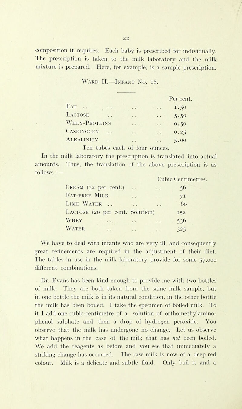 composition it requires. Each baby is prescribed for individually. 1 he prescription is taken to the milk laboratory and the milk mixture is prepared. Here, for example, is a sample prescription. Ward II.—Infant No. 18. Per cent. Fat .. . . .. . . 1.50 Lactose .. .. .. 5.50 Whey-Proteins .. .. 0.50 Caseinogen .. .. .. 0.25 Alkalinity .. .. .. 5.00 Ten tubes each of four ounces. In the milk laboratory the prescription is translated into actual amounts. Thus, the translation of the above prescription is as follows :— Cubic Centimetres. Cream (32 per cent.) .. .. 56 Fat-free Milk .. .. 71 Lime Water .. .. .. 60 Lactose (20 per cent. Solution) 152 Whey .. .. .. 536 Water .. .. .. 325 We have to deal with infants who are very ill, and consequently great refinements are required in the adjustment of their diet. The tables in use in the milk laboratory provide for some 57,000 different combinations. Dr. Evans has been kind enough to provide me with two bottles of milk. They are both taken from the same milk sample, but in one bottle the milk is in its natural condition, in the other bottle the milk has been boiled. I take the specimen of boiled milk. To it I add one cubic-centimetre of a solution of orthomethylamino- phenol sulphate and then a drop of hydrogen peroxide. You observe that the milk has undergone no change. Let us observe what happens in the case of the milk that has not been boiled. We add the reagents as before and you see that immediately a striking change has occurred. The raw milk is now of a deep red colour. Milk is a delicate and subtle fluid. Only boil it and a