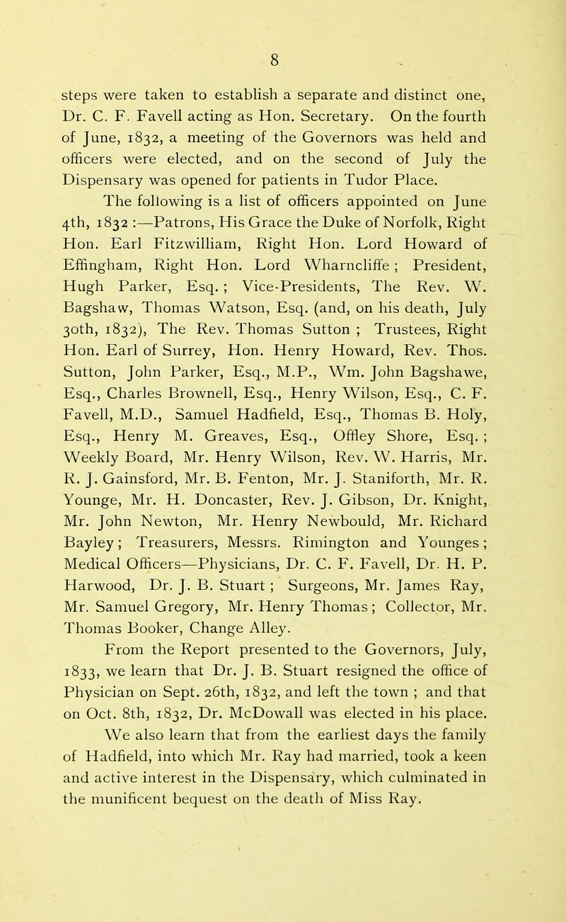 steps were taken to establish a separate and distinct one, Dr. C. F. Favell acting as Hon. Secretary. On the fourth of June, 1832, a meeting of the Governors was held and officers were elected, and on the second of July the Dispensary was opened for patients in Tudor Place. The following is a list of officers appointed on June 4th, 1832 :—Patrons, His Grace the Duke of Norfolk, Right Hon. Earl Fitzwilliam, Right Hon. Lord Howard of Effingham, Right Hon. Lord Wharncliffe ; President, Hugh Parker, Esq. ; Vice-Presidents, The Rev. W. Bagshaw, Thomas Watson, Esq. (and, on his death, July 30th, 1832), The Rev. Thomas Sutton ; Trustees, Right Hon. Earl of Surrey, Hon. Henry Howard, Rev. Thos. Sutton, John Parker, Esq., M.P., Wm. John Bagshawe, Esq., Charles Brownell, Esq., Henry Wilson, Esq., C. F. Favell, M.D., Samuel Hadfield, Esq., Thomas B. Holy, Esq., Henry M. Greaves, Esq., Offley Shore, Esq. ; Weekly Board, Mr. Henry Wilson, Rev. W. Harris, Mr. R. J. Gainsford, Mr. B. Fenton, Mr. J. Staniforth, Mr. R. Younge, Mr. H. Doncaster, Rev. J. Gibson, Dr. Knight, Mr. John Newton, Mr. Henry Newbould, Mr. Richard Bayley; Treasurers, Messrs. Rimington and Younges; Medical Officers—Physicians, Dr. C. F. Favell, Dr. H. P. Harwood, Dr. J. B. Stuart ; Surgeons, Mr. James Ray, Mr. Samuel Gregory, Mr. Henry Thomas; Collector, Mr. Thomas Booker, Change Alley. From the Report presented to the Governors, July, 1833, we learn that Dr. J. B. Stuart resigned the office of Physician on Sept. 26th, 1832, and left the town ; and that on Oct. 8th, 1832, Dr. McDowall was elected in his place. We also learn that from the earliest days the family of Hadfield, into which Mr. Ray had married, took a keen and active interest in the Dispensary, which culminated in the munificent bequest on the death of Miss Ray.