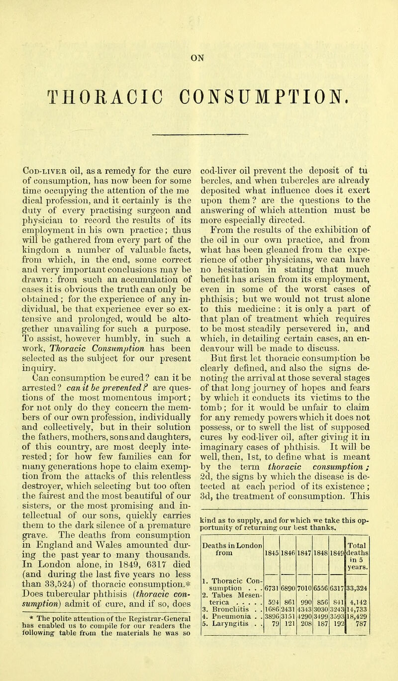 ON THORACIC CONSUMPTION. Cod-liver oil, as a remedy for the cure of consumption, has now been for some time occupying the attention of the me dical profession, and it certainly is the duty of every practising surgeon and physician to record the results of its employment in his own practice; thus will be gathered from every part of the kingdom a number of valuable facts, from which, in the end, some correct and very important conclusions may be drawn: from such an accumulation of cases it is obvious the truth can only he obtained; for the experience of any in- dividual, be that experience ever so ex- tensive and prolonged, would be alto- gether unavailing for such a purpose. To assist, however humbly, in such a work, Thoracic Consumption has been selected as the subject for our present inquiry. Can consumption be cmed ? can it be arrested? can it he prevented? are ques- tions of the most momentous import; for not only do they concern the mem- bers of our own profession, individually and collectively, but in their solution the fathers, mothers, sons and daughters, of this country, are most deeply inte- rested ; for how few families can for many generations hope to claim exemp- tion from the attacks of this relentless destroyer, which selecting but too often the fairest and the most beautiful of our sisters, or the most promising and in- tellectual of our sons, quickly carries them to the dark silence of a premature grave. The deaths from consumption in England and Wales amounted dur- ing the past year to many thousands. In London alone, in 1849, 6317 died (and during the last five years no less than 33,524) of thoracic consumption.* Does tubercular phthisis (thoracic con- sumption) admit of cure, and if so, does * The polite attention of the Registrar-General has enabled us to compile for our readers the following table from the materials he was so cod-liver oil prevent the deposit of tu bercles, and when tubercles are already deposited what influence does it exert upon them ? are the questions to the answering of which attention must be more especially directed. From the results of the exhibition of the oil in our own practice, and from what has been gleaned from the expe- rience of other physicians, we can have no hesitation in stating that much benefit has arisen from its employment, even in some of the worst cases of phthisis; but we would not trust alone to this medicine : it is only a part of that plan of treatment which requires to be most steadily persevered in, and which, in detailing certain cases, an en- deavour will be made to discuss. But first let thoracic consumption be clearly defined, and also the signs de- noting the arrival at those several stages of that long journey of hojies and fears by which it conducts its victims to the tomb; for it would be unfair to claim for any remedy powers which it does not possess, or to swell the list of supposed cures by cod-liver oil, after giving it in imaginary cases of phthisis. It will be well, then, 1st, to define what is meant by the term thoracic consumption; 2d, the signs by which the disease is de- tected at each period of its existence ; 3d, the treatment of consumption. This kind as to supply, and for which we take this op- portunity of returning our best thanks. Deaths in London Total from 1845 1846 1847 1848 1849 deaths in 5 years. 1. Thoracic Con- sumption . . . 2. Tabes Mesen- 0731 6890 7010 6556 6317 33,324 terica 504 861 990 856 841 4,142 3. Bronchitis . . 1686 2431 4343 3030 3243 14,733 I. Pneumonia . . 3890 3151 4290 3499 3593 18,429 5. Laryngitis . . 79 121 208 187 192 787