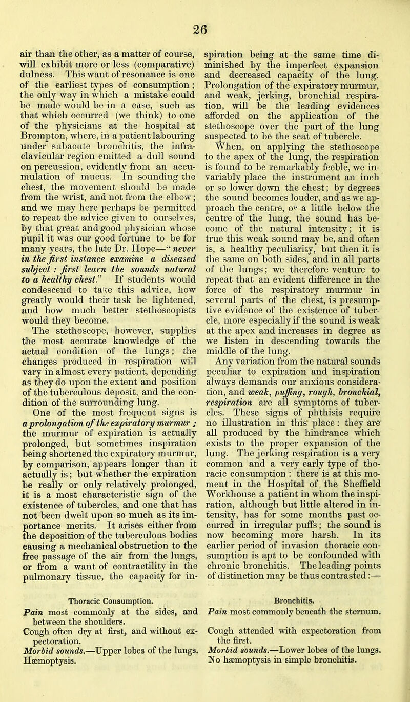 air than the other, as a matter of course, will exhibit more or less (comparative) dnlness. This want of resonance is one of the earliest types of consumption ; the only way in which a mistake could be made would be in a case, such as that which occurred (we think) to one of the physicians at the hospital at Broinpton, where, in a patient labouring under subacute bronchitis, the infra- clavicular region emitted a dull sound on percussion, evidently from an accu- mulation of mucus. In sounding the chest, the movement should be made from the wrist, and not from the elbow; and we may here perhaps be permitted to repeat the advice given to ourselves, by that great and good physician whose pupil it was our good fortune to be for many years, the late Dr. Hope—“ never in the first instance examine a diseased subject : first learn the sounds natural to a healthy chest. If students would condescend to take this advice, how greatly would their task be lightened, and how much better stetlioscopists would they become. The stethoscope, however, supplies the most accurate knowledge of the actual condition of the lungs; the changes produced in respiration will vary in almost every patient, depending as they do upon the extent and position of the tuberculous deposit, and the con- dition of the surrounding lung. One of the most frequent signs is a prolongation of the expiratory murmur ; the murmur of expiration is actually prolonged, but sometimes inspiration being shortened the expiratory murmur, by comparison, appears longer than it actually is; but whether the expiration be really or only relatively prolonged, it is a most characteristic sign of the existence of tubercles, and one that has not been dwelt upon so much as its im- portance merits. It arises either from the deposition of the tuberculous bodies causing a mechanical obstruction to the free passage of the air from the lungs, or from a want of contractility in the pulmonary tissue, the capacity for in- Thoracic Consumption. Pain most commonly at the sides, and between the shoulders. Cough often dry at first, and without ex- pectoration. Morbid sounds.—Upper lobes of the lungs. Haemoptysis. spiration being at the same time di- minished by the imperfect expansion and decreased capacity of the lung. Prolongation of the expiratory murmur, and weak, jerking, bronchial respira- tion, will be the leading evidences afforded on the application of the stethoscope over the part of the lung suspected to be the seat of tubercle. When, on applying the stethoscope to the apex of the lung, the respiration is found to be remarkably feeble, we in- variably place the instrument an inch or so lower down the chest; by degrees the sound becomes louder, and as we ap- proach the centre, or a little below the centre of the lung, the sound has be- come of the natural intensity; it is true this weak sound may he, and often is, a healthy peculiarity, but then it is the same on both sides, and in all parts of the lungs; we therefore venture to repeat that an evident difference in the force of the respiratory murmur in several parts of the chest, is presump- tive evidence of the existence of tuber- cle, more especially if the sound is weak at the ajrex and increases in degree as we listen in descending towards the middle of the lung. Any variation from the natural sounds peculiar to expiration and inspiration always demands our anxious considera- tion, and weak, fluffing, rough, bronchial, respiration are all symptoms of tuber- cles. These signs of phthisis require no illustration in this place: they are all produced by tbe hindrance which exists to the proper expansion of the lung. The jerking respiration is a very common and a very early type of tho- racic consumption : there is at this mo- ment in the Hospital of the Sheffield Workhouse a patient in whom the inspi- ration, although but little altered in in- tensity, has for some months past oc- curred in irregular puffs; the sound is now becoming more harsh. In its earlier period of invasion thoracic con- sumption is apt to be confounded with chronic bronchitis. Tbe leading points of distinction may be thus contrasted:—- Bronchitis. Pain most commonly beneath the sternum. Cough attended with expectoration from the first. Morbid sounds.—Lower lobes of the lungs. No haemoptysis in simple bronchitis.