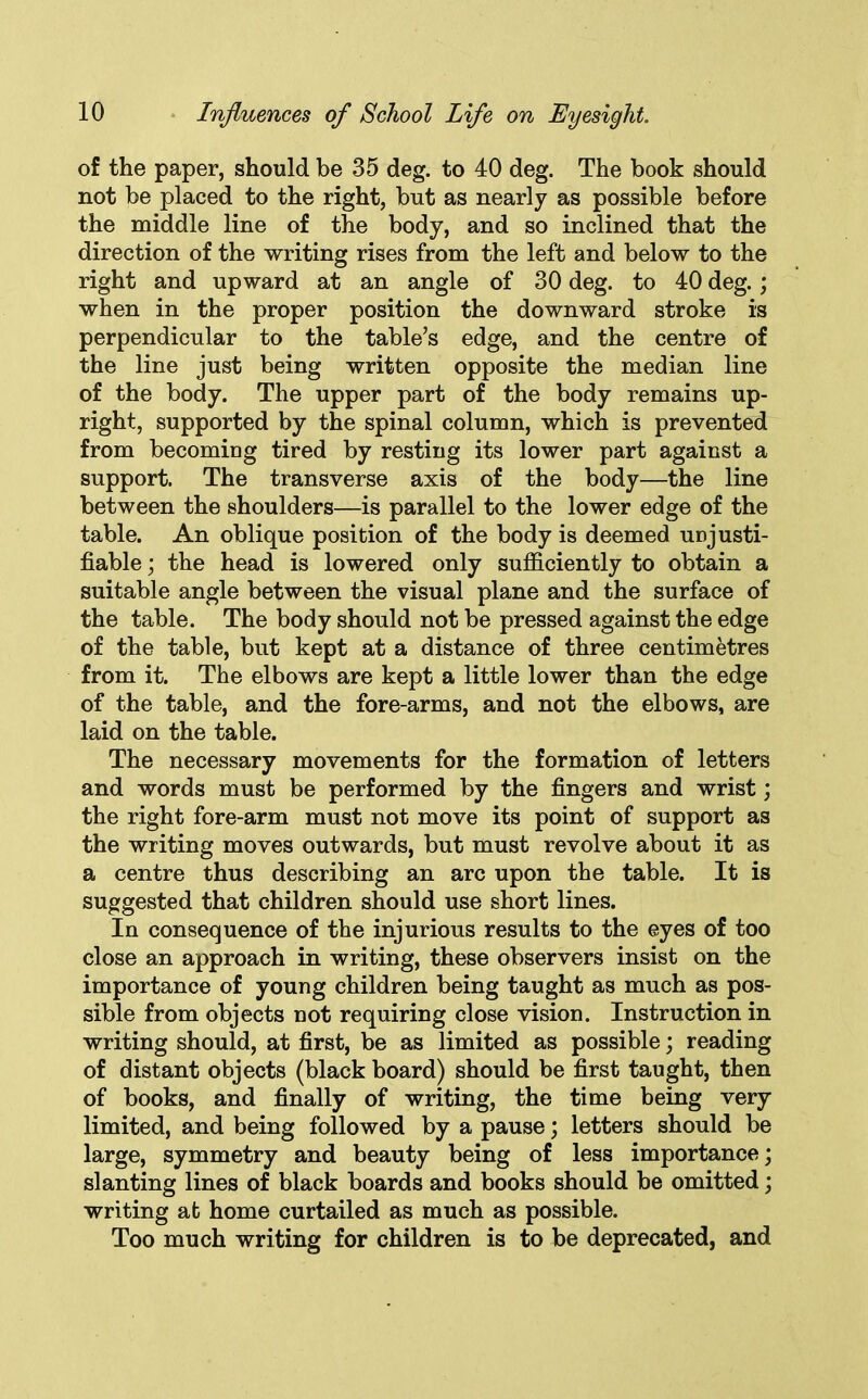 of the paper, should be 35 deg. to 40 deg. The hook should not be placed to the right, but as nearly as possible before the middle line of the body, and so inclined that the direction of the writing rises from the left and below to the right and upward at an angle of 30 deg. to 40 deg. ; when in the proper position the downward stroke is perpendicular to the table’s edge, and the centre of the line just being written opposite the median line of the body. The upper part of the body remains up- right, supported by the spinal column, which is prevented from becoming tired by resting its lower part against a support. The transverse axis of the body—the line between the shoulders—is parallel to the lower edge of the table. An oblique position of the body is deemed unjusti- fiable ; the head is lowered only sufficiently to obtain a suitable angle between the visual plane and the surface of the table. The body should not be pressed against the edge of the table, but kept at a distance of three centimetres from it. The elbows are kept a little lower than the edge of the table, and the fore-arms, and not the elbows, are laid on the table. The necessary movements for the formation of letters and words must be performed by the fingers and wrist; the right fore-arm must not move its point of support as the writing moves outwards, but must revolve about it as a centre thus describing an arc upon the table. It is suggested that children should use short lines. In consequence of the injurious results to the eyes of too close an approach in writing, these observers insist on the importance of young children being taught as much as pos- sible from objects not requiring close vision. Instruction in writing should, at first, be as limited as possible; reading of distant objects (black board) should be first taught, then of books, and finally of writing, the time being very limited, and being followed by a pause; letters should be large, symmetry and beauty being of less importance; slanting lines of black boards and books should be omitted; writing at home curtailed as much as possible. Too much writing for children is to be deprecated, and