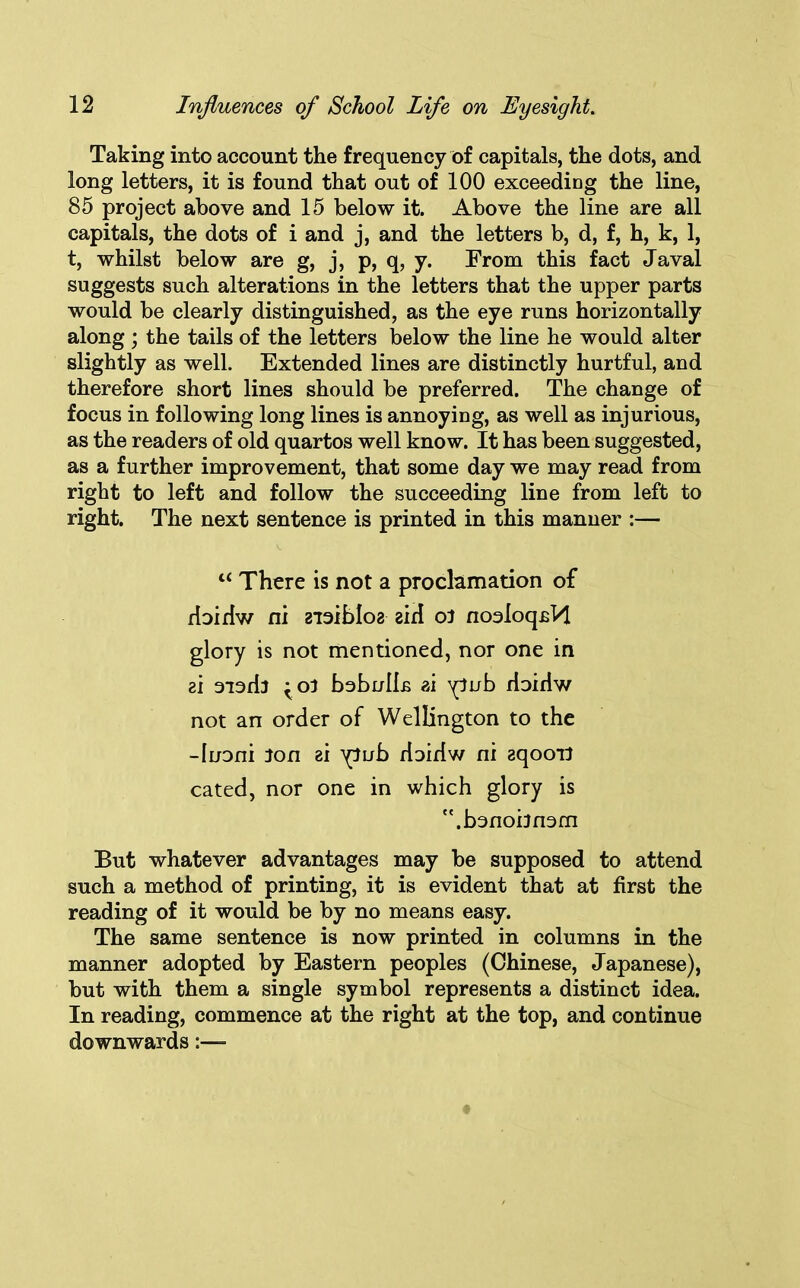 Taking into account the frequency of capitals, the dots, and long letters, it is found that out of 100 exceeding the line, 85 project above and 15 below it. Above the line are all capitals, the dots of i and j, and the letters b, d, f, h, k, 1, t, whilst below are g, j, p, q, y. From this fact Javal suggests such alterations in the letters that the upper parts would be clearly distinguished, as the eye runs horizontally along ; the tails of the letters below the line he would alter slightly as well. Extended lines are distinctly hurtful, and therefore short lines should be preferred. The change of focus in following long lines is annoying, as well as injurious, as the readers of old quartos well know. It has been suggested, as a further improvement, that some day we may read from right to left and follow the succeeding line from left to right. The next sentence is printed in this manner :— “ There is not a proclamation of rbidw ni zioibloa zid oJ nooIoqsM glory is not mentioned, nor one in 2i oiodi ^oJ bobulls ai yJub rtaidw not an order of Wellington to the -luoni Jon zi yJub doidw ni aqoott cated, nor one in which glory is .bonoijnsm But whatever advantages may be supposed to attend such a method of printing, it is evident that at first the reading of it would be by no means easy. The same sentence is now printed in columns in the manner adopted by Eastern peoples (Chinese, Japanese), but with them a single symbol represents a distinct idea. In reading, commence at the right at the top, and continue downwards