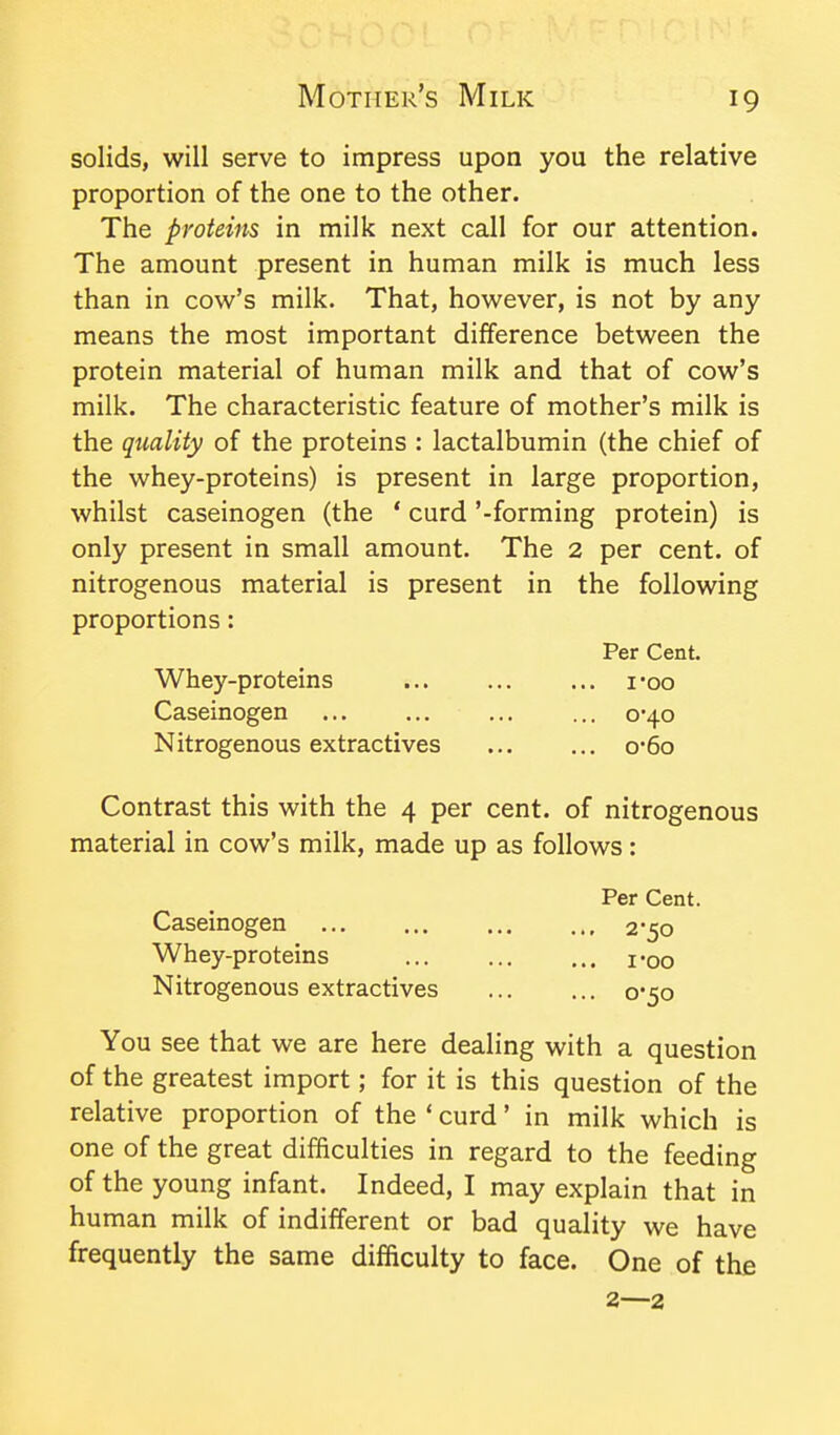 solids, will serve to impress upon you the relative proportion of the one to the other. The proteins in milk next call for our attention. The amount present in human milk is much less than in cow's milk. That, however, is not by any means the most important difference between the protein material of human milk and that of cow's milk. The characteristic feature of mother's milk is the quality of the proteins : lactalbumin (the chief of the whey-proteins) is present in large proportion, whilst caseinogen (the * curd '-forming protein) is only present in small amount. The 2 per cent, of nitrogenous material is present in the following proportions: Per Cent. Whey-proteins I'oo Caseinogen ... ... ... ... 0-40 Nitrogenous extractives o*6o Contrast this with the 4 per cent, of nitrogenous material in cow's milk, made up as follows: Per Cent. Caseinogen 2-50 Whey-proteins ... i«oo Nitrogenous extractives 0*50 You see that we are here dealing with a question of the greatest import; for it is this question of the relative proportion of the ' curd' in milk which is one of the great difficulties in regard to the feeding of the young infant. Indeed, I may explain that in human milk of indifferent or bad quality we have frequently the same difficulty to face. One of the