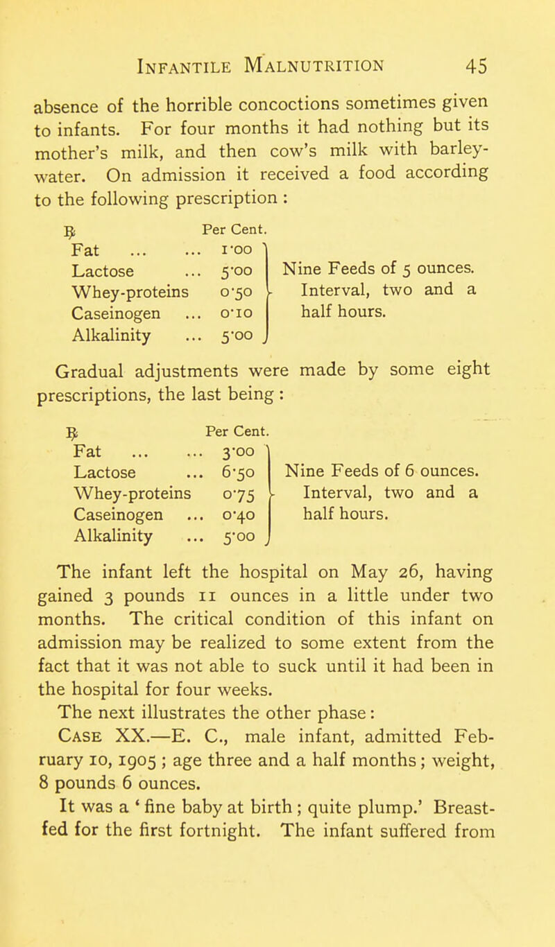 absence of the horrible concoctions sometimes given to infants. For four months it had nothing but its mother's milk, and then cow's milk with barley- water. On admission it received a food according to the following prescription : 9 Per Cent. Fat . i-oo  Lactose . 5-00 Nine Feeds of 5 ounces. Whey-proteins 0-50 Interval, two and a Caseinogen . 0I0 half hours. Alkalinity • 5'oo , Gradual adjustments were made by some eight prescriptions, the last being : 9 Per Cent. Fat • 3'oo Lactose . 6-50 Nine Feeds of 6 ounces. Whey-proteins 075 Interval, two and a Caseinogen . 0*40 half hours. Alkalinity , 5-00 _ The infant left the hospital on May 26, having gained 3 pounds 11 ounces in a little under two months. The critical condition of this infant on admission may be realized to some extent from the fact that it was not able to suck until it had been in the hospital for four weeks. The next illustrates the other phase: Case XX.—E. C, male infant, admitted Feb- ruary 10,1905 ; age three and a half months; weight, 8 pounds 6 ounces. It was a * fine baby at birth; quite plump.' Breast- fed for the first fortnight. The infant suffered from