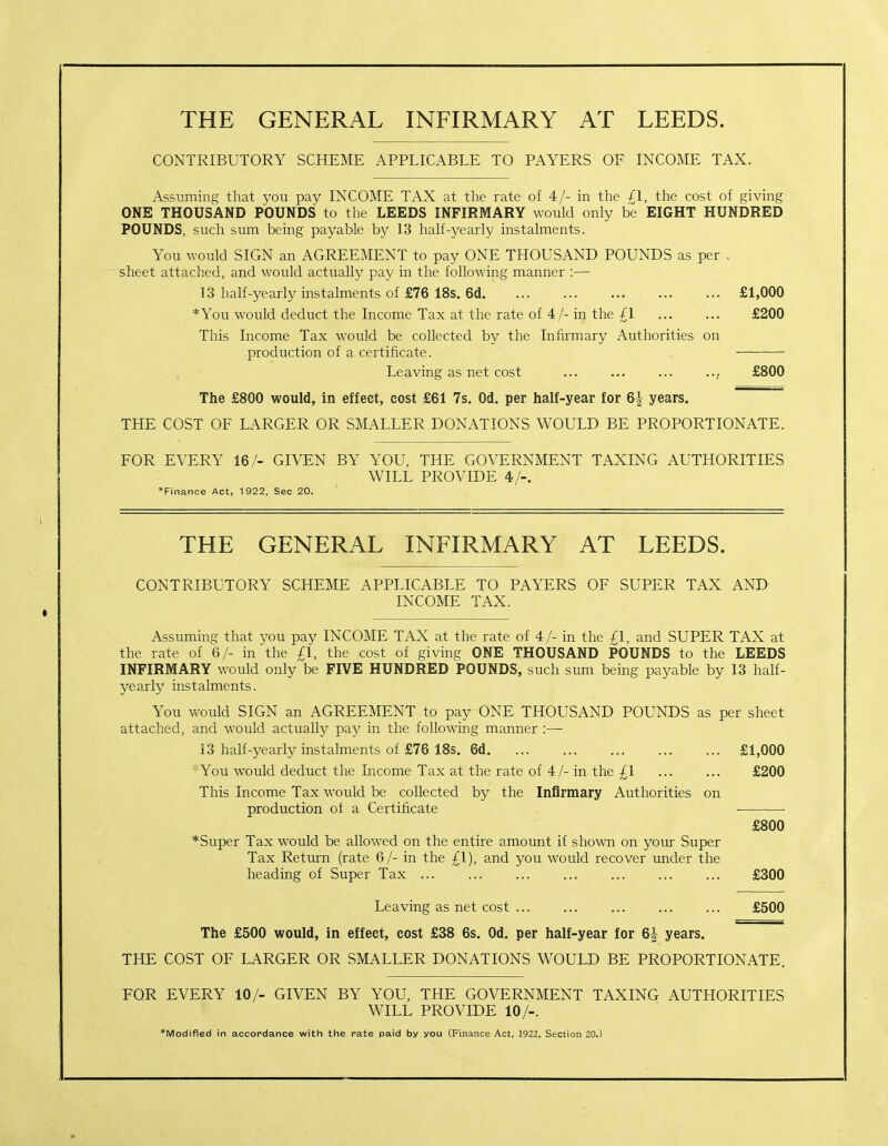 THE GENERAL INFIRMARY AT LEEDS. CONTRIBUTORY SCHEME APPLICABLE TO PAYERS OF INCOME TAX. Assuming that you pay INCOME TAX at the rate of 4/- in the /l, the cost of giving ONE THOUSAND POUNDS to the LEEDS INFIRMARY would only be EIGHT HUNDRED POUNDS, such sum being payable by 13 half-yearly instalments. You would SIGN an AGREEMENT to pay ONE THOUSAND POUNDS as per sheet attached, and would actually pay in the following manner :— 13 half-yearly instalments of £76 18s. 6d. ... ... ... ... ... £1,000 *You would deduct the Income Tax at the rate of 4/- in the £1 ... ... £200 This Income Tax would be collected by the Infirmary Authorities on production of a certificate. Leaving as net cost ,. £800 The £800 would, in effect, cost £61 7s. Od. per half-year for 6| years. THE COST OF LARGER OR SMALLER DONATIONS WOULD BE PROPORTIONATE. FOR EVERY 16/- GIVEN BY YOU, THE GOVERNMENT TAXING AUTHORITIES WILL PROVIDE 4/-. *Finance Act, 1922, Sec 20. THE GENERAL INFIRMARY AT LEEDS. CONTRIBUTORY SCHEME APPLICABLE TO PAYERS OF SUPER TAX AND INCOME TAX. Assuming that you pay INCOME TAX at the rate of 4/- in the £1, and SUPER TAX at the rate of 6/- in the £1, the cost of giving ONE THOUSAND POUNDS to the LEEDS INFIRMARY -would only be FIVE HUNDRED POUNDS, such sum being payable by 13 half- yearly instalments. You would SIGN an AGREEMENT to pay ONE THOUSAND POUNDS as per sheet attached, and would actually pay in the following manner :— 13 half-yearly instalments of £76 18s. 6d, ... ... ... ... ... £1,000 You would deduct the Income Tax at the rate of 4/- in the £1 ... ... £200 This Income Tax would be collected by the Infirmary Authorities on production of a Certificate — £800 * Super Tax would be allowed on the entire amount if shown on your Super Tax Return (rate 6/- in the £1), and you would recover under the heading of Super Tax ... ... ... ... £300 Leaving as net cost ... ... ... ... ... £500 The £500 would, in effect, cost £38 6s. Od. per half-year for 6| years. THE COST OF LARGER OR SMALLER DONATIONS WOULD BE PROPORTIONATE. FOR EVERY 10/- GIVEN BY YOU, THE GOVERNMENT TAXING AUTHORITIES WILL PROVIDE 10/-. -Modified in accordance with the rate paid by you (Finance Act, 1922, Section 20.)