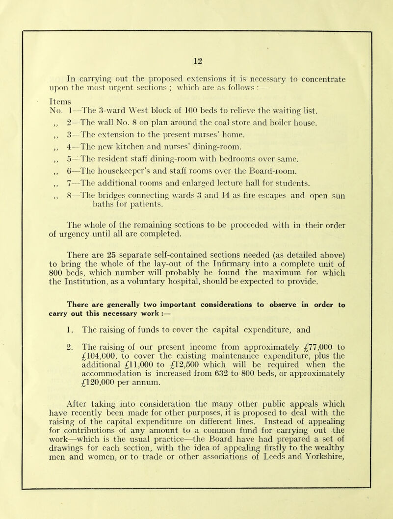 In carrying out the proposed extensions it is necessary to concentrate upon the most urgent sections ; which are as follows :— Items No. 1—The 3-ward West block of 100 beds to relieve the waiting list. ,, 2—The wall No. 8 on plan around the coal store and boiler house. ,, 3—The extension to the present nurses’ home. ,, 4—The new kitchen and nurses’ dining-room. ,, 5—The resident staff dining-room with bedrooms over same. ,, 6—The housekeeper’s and staff rooms over the Board-room. ,, 7—The additional rooms and enlarged lecture hall for students. ,, 8—The bridges connecting wards 3 and 14 as fire escapes and open sun baths for patients. The whole of the remaining sections to be proceeded with in their order of urgency until all are completed. There are 25 separate self-contained sections needed (as detailed above) to bring the whole of the lay-out of the Infirmary into a complete unit of 800 beds, which number will probably be found the maximum for which the Institution, as a voluntary hospital, should be expected to provide. There are generally two important considerations to observe in order to carry out this necessary work :— 1. The raising of funds to cover the capital expenditure, and 2. The raising of our present income from approximately £77,000 to £104,000, to cover the existing maintenance expenditure, plus the additional £11,000 to £12,500 which will be required when the accommodation is increased from 632 to 800 beds, or approximately £120,000 per annum. After taking into consideration the many other public appeals which have recently been made for other purposes, it is proposed to deal with the raising of the capital expenditure on different lines. Instead of appealing for contributions of any amount to a common fund for carrying out the work—which is the usual practice—the Board have had prepared a set of drawings for each section, with the idea of appealing firstly to the wealthy men and women, or to trade or other associations of Leeds and Yorkshire,