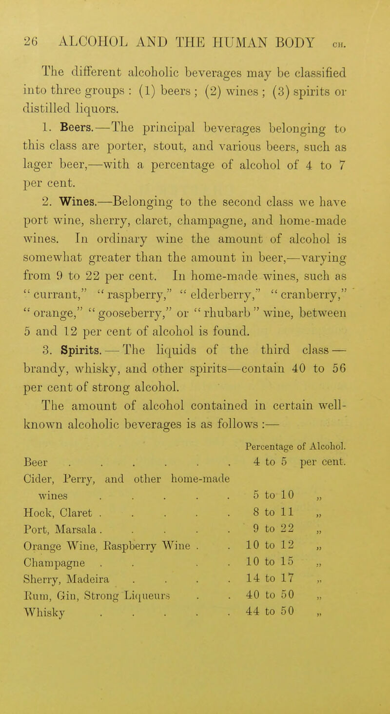 The different alcoholic beverages may be classified into three groups : (1) beers ; (2) wines ; (3) spirits or distilled liquors. 1. Beers.—The principal beverages belonging to this class are porter, stout, and various beers, such as lager beer,—with a percentage of alcohol of 4 to 7 per cent. 2. Wines.—Belonging to the second class we have port wine, sherry, claret, champagne, and home-made wines. Li ordinary wine the amount of alcohol is somewhat greater than the amount in beer,—varying from 9 to 22 per cent. Li home-made wines, such as  currant,  raspberry,  elderberry,'  cranberry, orange, gooseberry, or  rhubarb  wine, between 5 and 12 per cent of alcohol is found. 3. Spirits. — The liquids of the third class — brandy, whisky, and other spirits—contain 40 to 56 per cent of strong alcohol. The amount of alcohol contained in certain well- known alcoholic beverages is as follows :— Percentage of Alcohol. Beer ...... 4 to 5 per Cider, Perry, and other home-made wines ..... 5 to 10 Hock, Claret ..... 8 to 11 Port, Marsala..... 9 to 22 Orange Wine, Raspberry Wine . 10 to 12 Champagne . . . . 10 to 15 Sherry, Madeira .... 14 to 17 Rum, Gin, Strong Li(iiieur.s 40 to 50 Whisky ..... 44 to 50