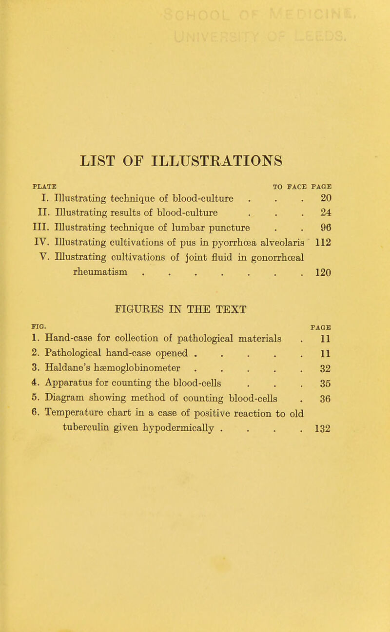 LIST OF ILLUSTEATIONS PLATE TO FACE PAGE I. Illustrating technique of blood-culture ... 20 II. Illustrating results of blood-culture ... 24 III. Illustrating technique of lumbar puncture . . 96 rV. Illustrating cultivations of pus in pyorrhoea alveolaris 112 V. Illustrating cultivations of joint fluid in gonorrhoeal rheumatism ....... 120 FIGURES IN THE TEXT FIO. PAGE 1. Hand-case for collection of pathological materials . 11 2. Pathological hand-case opened . . . . .11 3. Haldane's hsemoglobinometer ..... 32 4. Apparatus for counting the blood-ceUs ... 35 5. Diagram showing method of counting blood-ceUs . 36 6. Temperature chart in a case of positive reaction to old tuberculin given hypodermically .... 132
