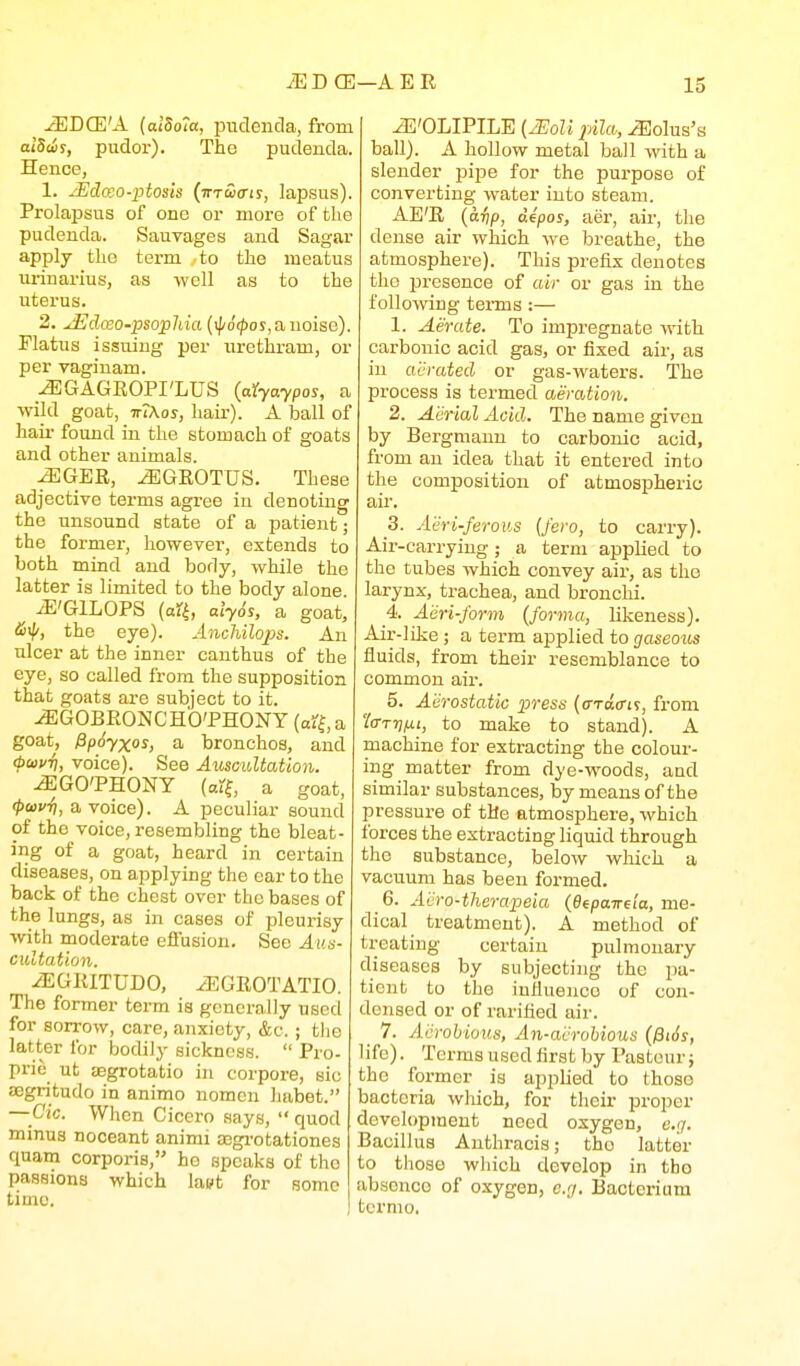 iEDffi'A {aldo'a, pucTencIa, from alSiis, piiclor). The pudenda. Hence, 1. jEdceo-ptosis (n-rtDiriy, lapsus). Prolapsus of ono or more of the pudenda. Sauvages and Sagar apply the term to the meatus ui-inarius, as well as to the uterus. 2. ^dceo-psophia (i|/o'^os,auoise). Flatus issuing per urethram, or per vagiuam. .^GAGKOPI'LUS {a^yaypos, a wild goat, ir7\os, hair). A ball of hair found in the stomach of goats and other animals. .^GER, u5]GR0TUS. These adjective terms agree in denoting the unsound state of a patient; the former, however, extends to both mind and body, while the latter is limited to the body alone iE'GlLOPS {a^, aly6s, a goat, io^p, the eye). AnchilojJs. An ulcer at the inner canthus of the eye, so called from the supposition that goats ai-e subject to it. ^GOBROlSICHb'PHONY {a% a goat, 0p6yxos, a bronchos, and (puvT), voice). See Auscultation. ^GO'PHONT (arf, a goat, ^(BKiij, a voice). A peculiar sound of the voice, resembling the bleat- ing of a goat, heard in certain diseases, on applying the car to the back of the chest over the bases of the lungs, as in cases of pleurisy with moderate effusion. See Ann- cultation. ^GRITUDO, ^EGROTATIO. The former term is generally used for sorrow, care, anxiety, &c. ; the latter for bodily sickness.  Pro- pric ut aegrotatio in corpore, sic aegritudo in animo nomcn habet. — Cic. When Cicero says,  quod minus noceant animi aegi-otationes quam corporis, ho speaks of the passions which last for some time. ^'OLIPILE (JEoU pila-, bolus's ball). A hollow metal ball with a slender pipe for the purpose of converting water into steam. AE'R (drip, depos, aer, air, the dense air which we breathe, the atmosphere). This prefix denotes the presence of air or gas in the following tenns :— 1. Aerate. To impregnate with carbonic acid gas, or fixed air, as in aerated or gas-waters. The process is termed aeration. 2. Aerial Acid. The name given by Bergmann to carbouio acid, from an idea that it entered into the composition of atmospheric air. 3. Aeri-ferous {fero, to carry). Air-carrying ; a term applied to the tubes which convey air, as the larynx, trachea, and bronclii. 4. Aeri-form (forma, likeness). Air-like ; a term applied to gaseous fluids, from their resemblance to common air. 5. Aerostatic press {crrdcri^, from 'la-Trifj.1, to make to stand). A machine for extracting the colour- ing matter from dye-woods, and similar substances, by means of the pressui'e of the atmosphere, which forces the extracting liquid through the substance, below wliich a vacuum has been formed. ^ 6. Acro-therapeia {dtpair^ia, me- dical treatment). A method of treating certain pulmonary diseases by subjecting the pa- tient to the iufiuenco of con- densed or of rarified air. 7. A'erohious, An-acrobious (0i6s, life). Terms used first by Pasteur; the former is applied to thoso bacteria which, for their proper development need oxygen, e.g. Bacillus Authracia; the latter to thoso which develop in tbo absence of oxygen, e.g. Bacterium tcrmo.