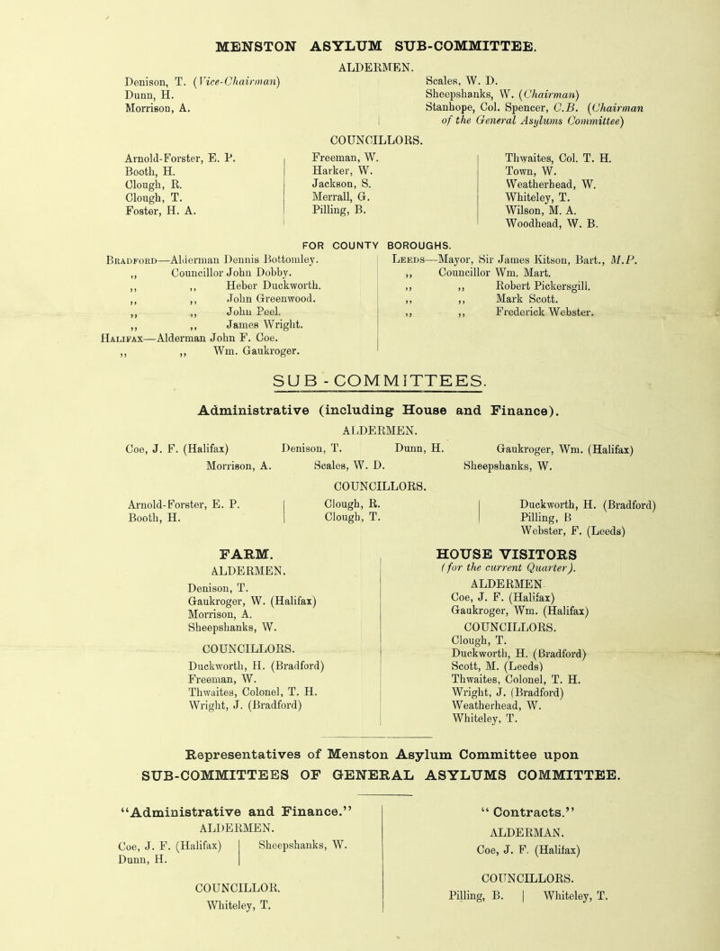 ALDERMEN. Denison, T. (Vice-Chairman) Dunn, H. Morrison, A. Scales, W. D. Sheepshanks, W. (Chairman) Stanhope, Col. Spencer, C.B. (Chairman of the General Asylums Committee) Arnold-Forster, E. P. Booth, H. Clough, R. Clough, T. Foster, H. A. COUNCILLORS. Freeman, W. Harker, W. Jackson, S. Merrall, G. Pilling, B. Thwaites, Col. T. H. Town, W. Weatherhead, W. Whiteley, T. Wilson, M. A. Woodhead, W. B. FOR COUNTY BOROUGHS. Bradford—Alderman Dennis Bottomley. ,, Councillor John Dobby. ,, ,, Heber Duckworth. ,, ,, John Greenwood. ,, ,, John Peel. ,, ,, James Wright. Halifax—Alderman John F. Coe. ,, ,, Wm. Gaukroger. Leeds—Mayor, Sir James Kitson, Bart., ,, Councillor Wm. Mart. ,, ,, Robert Pickersgill. ,, ,, Mark Scott. ,, ,, Frederick Webster. M.P. SUB - COMMITTEES. Administrative (including House and Finance). ALDERMEN. Coe, J. F. (Halifax) Denison, T. Dunn, H. Gaukroger, Wm. (Halifax) Morrison, A. Scales, W. D. Sheepshanks, W. COUNCILLORS. Arnold-Forster, E. P. I Clough, R. Booth, H. | Clough, T. Duckworth, H. (Bradford) Pilling, B Webster, F. (Leeds) FARM. ALDERMEN. Denison, T. Gaukroger, W. (Halifax) Morrison, A. Sheepshanks, W. COUNCILLORS. Duckworth, H. (Bradford) Freeman, W. Thwaites, Colonel, T. H. Wright, J. (Bradford) HOUSE VISITORS (for the current Quarter). ALDERMEN Coe, J. F. (Halifax) Gaukroger, Wm. (Halifax) COUNCILLORS. Clough, T. Duckworth, H. (Bradford) Scott, M. (Leeds) Thwaites, Colonel, T. H. Wright, J. (Bradford) Weatherhead, W. Whiteley, T. Representatives of Menston Asylum Committee upon SUB-COMMITTEES OF GENERAL ASYLUMS COMMITTEE. “Administrative and Finance.” ALDERMEN. Coe, J. F. (Halifax) Dunn, H. Sheepshanks, W. “ Contracts.” ALDERMAN. Coe, J. F. (Halifax) COUNCILLOR. Whiteley, T. COUNCILLORS. Pilling, B. | Whiteley, T.