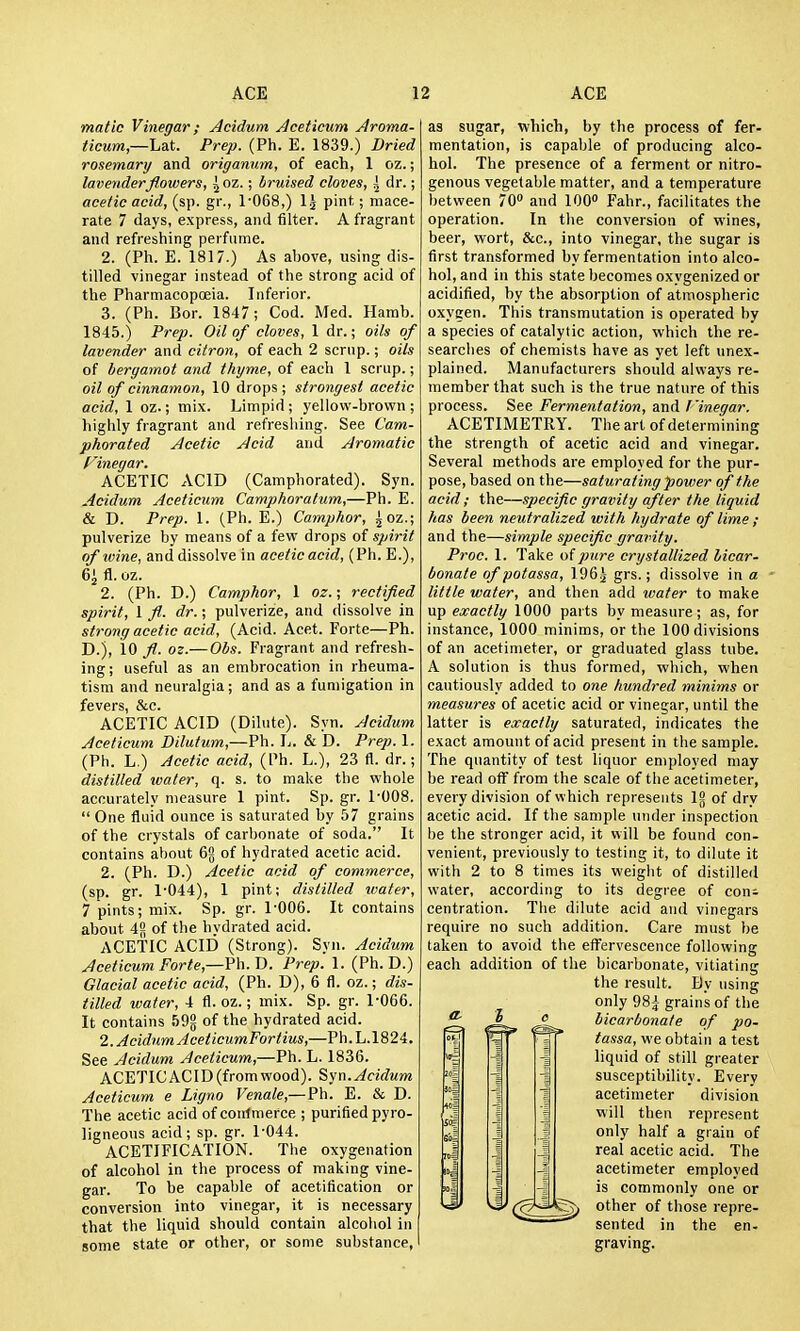 matic Vinegar; Acidum Aceticum Aroma- ticum—Lat. Prep. (Ph. E. 1839.) Dried rosemary and origanum, of each, 1 oz.; lavender flowers, 5OZ.; Iruised cloves, 5 dr.; acetic acid, (sp. gr., r068,) I5 pint,; mace- rate 7 days, express, and filter. A fragrant and refreshing perfume. 2. (Ph. E. 1817.) As above, using dis- tilled vinegar instead of the strong acid of the Pharmacopoeia. Inferior. 3. (Ph. Bor. 1847; Cod. Med. Hamb. 1845.) Prep. Oil of cloves, 1 dr.; oils of lavender and citron, of each 2 scrnp.; oils of hergamot and thyme, of each 1 scrnp.; oil of cinnamon, 10 drops; strongest acetic acid, 1 oz.; mix. Limpid ; yellow-brovcn ; highly fragrant and refreshing. See Cam- phorated Acetic Acid and Aromatic Finegar. ACETIC ACID (Camphorated). Syn. Acidum Aceticum Camphoratum,—Ph. E. 6 D. Prep. 1. (Ph. E.) Camphor, |oz.; pulverize by means of a few drops of spirit of wine, and dissolve in acetic acid, (Ph. E.), 6' fl. oz. 2. (Ph. D.) Camphor, 1 oz.; rectified spirit, 1 fl. dr.; pulverize, and dissolve in strong acetic acid, (Acid. Acet. Forte—Ph. D.), 10 fl. oz.—Obs. Fragrant and refresh- ing; useful as an embrocation in rheuma- tism and neuralgia; and as a fumigation in fevers, &c. ACETIC ACID (Dilute). Syn. Acidum Aceticum Dilutum,—Ph. L. & D. Prep. 1. (Ph. L.) Acetic acid, (Ph. L.), 23 fl. dr.; distilled ivater, q. s. to make the whole accurately measure 1 pint. Sp. gr. 1-008. One fluid ounce is saturated by 57 grains of the crystals of carbonate of soda. It contains about 6g of hydrated acetic acid. 2. (Ph. D.) Acetic acid of commerce, (sp. gr. 1'044), 1 pint; distilled water, 7 pints; mix. Sp. gr. 1-006. It contains about 42 of the hydrated acid. ACETIC ACID (Strong). Syn. Acidum Aceticum Forte,—Vh.D. Prep. 1. (Ph.D.) Glacial acetic acid, (Ph. D), 6 fl. oz.; dis- tilled water, 4 fl. oz.; mix. Sp. gr. 1-066. It contains 59g of the hydrated acid. 2. Acidum AceticumFortius,—Ph.L.1824. See Acidum Aceticum,—Ph. L. 1836. ACETIC ACID (from wood). Syn. Acidum Aceticum e Ligno Venale,—Ph. E. & D. The acetic acid of conlmerce ; purified pyro- ligneous acid; sp. gr. 1-044. ACETIFICATION. The oxygenation of alcohol in the process of making vine- gar. To be capable of acetification or conversion into vinegar, it is necessary that the liquid should contain alcohol in some state or other, or some substance, as sugar, which, by the process of fer- mentation, is capable of producing alco- hol. The presence of a ferment or nitro- genous vegetable matter, and a temperature between 70 and 100 Fahr., facilitates the operation. In the conversion of wines, beer, wort, &c., into vinegar, the sugar is first transformed by fermentation into alco- hol, and in this state becomes oxygenized or acidified, by the absorption of atmospheric oxygen. This transmutation is operated by a species of catalytic action, which the re- searches of chemists have as yet left unex- plained. Manufacturers should always re- member that such is the true nature of this process. See Fermentation, and finegar. ACETIMETRY. The art of determining the strength of acetic acid and vinegar. Several methods are employed for the pur- pose, based on the—saturating power of the acid; the—specific gravity after the liquid has been neutralized with hydrate of lime ; and the—simple specific gravity. Proc. 1. Take of jnire crystallized bicar- bonate of potassa, 196^ grs.; dissolve in a little water, and then add water to make up exactly 1000 parts by measure; as, for instance, 1000 minims, or the 100 divisions of an acetimeter, or graduated glass tube. A solution is thus formed, which, when cautiously added to one hundred minims or measures of acetic acid or vinettar, until the latter is exactly saturated, indicates the exact amount of acid present in the sample. The quantity of test liquor employed may be read off from the scale of the acetimeter, every division of which represents IS of drv acetic acid. If the sample under inspection be the stronger acid, it will be found con- venient, previously to testing it, to dilute it with 2 to 8 times its weiglit of distilled water, according to its degree of con^ centration. The dilute acid and vinegars require no such addition. Care must be taken to avoid the efl'ervescence following each addition of the bicarbonate, vitiating the result. By using only 98| grains of the bicarbonate of po- tassa, we obtain a test liquid of still greater susceptibility. Every acetimeter division will then represent only half a grain of real acetic acid. The acetimeter employed is commonly one or other of those repre- sented in the en- graving.