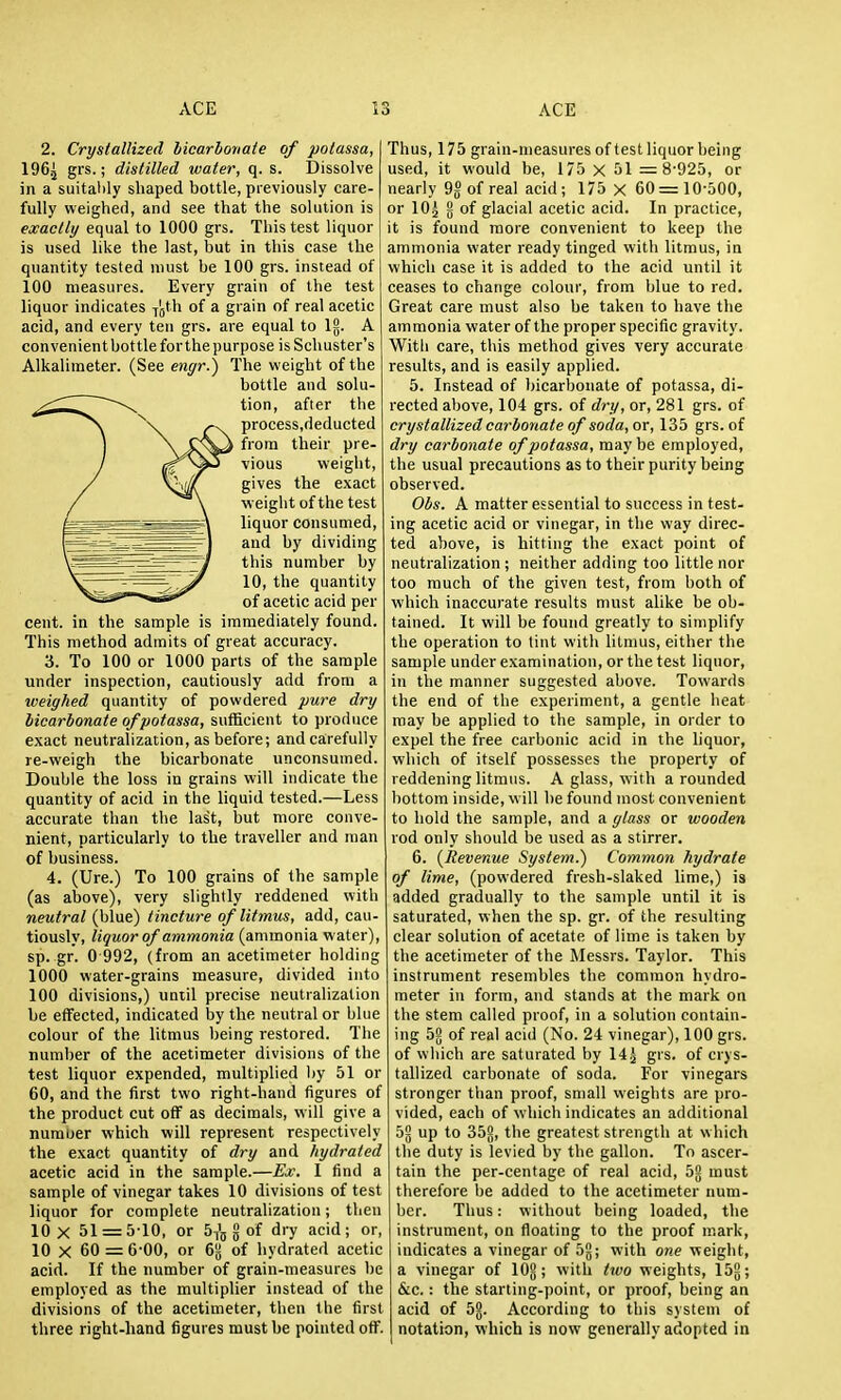 2. Crystallized bicarbonaie of potassa, 196^ grs.; distilled water, q. s. Dissolve in a suitably shaped bottle, previously care- fully weighed, and see that the solution is exactly equal to 1000 grs. This test liquor is used like the last, but in this case the quantity tested must be 100 grs. instead of 100 measures. Every grain of the test liquor indicates j[jth of a grain of real acetic acid, and every ten grs. are equal to Ig. A convenient bottle forthe purpose is Schuster's Alkalimeter. (See engr.) The weight of the bottle and solu- tion, after the process,deducted from their pre- vious weight, gives the exact weight of the test liquor consumed, and by dividing this number by 10, the quantity of acetic acid per cent, in the sample is immediately found. This method admits of great accuracy. 3. To 100 or 1000 parts of the sample under inspection, cautiously add from a weighed quantity of powdered pure dry bicarbonate of potassa, sufficient to produce exact neutralization, as before; and carefully re-weigh the bicarbonate unconsumed. Double the loss in grains will indicate the quantity of acid in the liquid tested.—Less accurate than the last, but more conve- nient, particularly to the traveller and man of business. 4. (Ure.) To 100 grains of the sample (as above), very slightly reddened with neutral (blue) tincture of litmus, add, cau- tiously, liquor of ammonia (ammonia water), sp. gr. 0 992, (from an acetimeter holding 1000 water-grains measure, divided into 100 divisions,) until precise neutralization be effected, indicated by the neutral or blue colour of the litmus being restored. The number of the acetimeter divisions of the test liquor expended, multiplied by 51 or 60, and the first two right-hand figures of the product cut off as decimals, will give a nurauer which will represent respectively the exact quantity of dry and hydrated acetic acid in the sample.—Ex. I find a sample of vinegar takes 10 divisions of test liquor for complete neutralization; then 10 X 51 = 5-10, or 5i'5 g of dry acid; or, 10 X 60 = 6-00, or 6^ of hydrated acetic acid. If the number of grain-measures be employed as the multiplier instead of the divisions of the acetimeter, then the first three right-hand figures must be pointed off. Thus, 175 grain-measures of test liquor being used, it would be, 175 x 51 = 8-925, or nearly 9g of real acid; 175 x 60 = 10-500, or 10^ 2 of glacial acetic acid. In practice, it is found more convenient to keep the ammonia water ready tinged with litmus, in which case it is added to the acid until it ceases to change colour, from blue to red. Great care must also be taken to have the ammonia water of the proper specific gravity. With care, this method gives very accurate results, and is easily applied. 5. Instead of bicarbonate of potassa, di- rected above, 104 grs. of dry, or, 281 grs. of crystallized carbonate of soda, or, 135 grs. of dry carbonate of potassa, may be employed, the usual precautions as to their purity being observed. Obs. A matter essential to success in test- ing acetic acid or vinegar, in the way direc- ted above, is hitting the exact point of neutralization ; neither adding too little nor too much of the given test, from both of which inaccurate results must alike be ob- tained. It will be found greatly to simplify the operation to lint with litmus, either the sample under examination, or the test liqnor, in the manner suggested above. Towards the end of the experiment, a gentle heat may be applied to the sample, in order to expel the free carbonic acid in the liquor, which of itself possesses the property of reddening litmus. A glass, with a rounded bottom inside, will be found most convenient to hold the sample, and a glass or wooden rod only should be used as a stirrer. 6. {Revenue System.) Common hydrate of lime, (powdered fresh-slaked lime,) is added gradually to the sample until it is saturated, when the sp. gr. of the resulting clear solution of acetate of lime is taken by the acetimeter of the Messrs. Taylor. This instrument resembles the common hydro- meter in form, and stands at the mark on the stem called proof, in a solution contain- ing 52 of real acid (No. 24 vinegar), 100 grs. of vviiich are saturated by 14^ grs. of crys- tallized carbonate of soda. For vinegars stronger than proof, small weights are pro- vided, each of which indicates an additional 52 up to 35[|, the greatest strength at which the duty is levied by the gallon. To ascer- tain the per-centage of real acid, 52 must therefore be added to the acetimeter num- ber. Thus.- without being loaded, the instrument, on floating to the proof mark, indicates a vinegar of 5g; with one weight, a vinegar of lOg ; with txvo weights, 152; &c.: the starting-point, or proof, being an acid of 5g. According to this system of notation, which is now generally adopted in