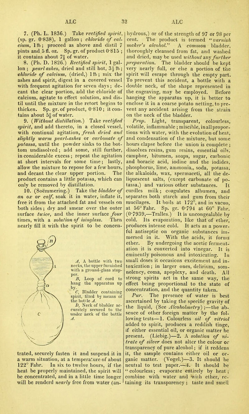 7. (Ph. L. 1836.) Take rectified spirit, (sp. gr. 0'838), 1 gallon ; chloride of cal- cium, Ift; proceed as above and distil 7 pints and 5 fl. oz. Sp. gr. of product 0 815 ; it contains about 7g of water. 8. (Ph. D. 1826.) Rectified spirit, 1 gal- lon ; pearl ashes, dried and still hot, 3|fe; ahloride of calcium, (dried,) 1ft; nii.x: the ashes and spirit, digest in a covered vessel with frequent agitation for seven days; de- cant the clear portion, add the chloride of calcium, agitate to effect solution, and dis- til until the mixture in the retort begins to thicken. Sp. gr. of product, 0'810; it con- tains about 5^ of water. 9. {Without distillation.) Take rectijied spirit, and add thereto, in a closed vessel, with continual agitation, fresh dried and slightly warm pearl-ashes or carbonate of potassa, until the powder sinks to the bot- tom undissolved; add some, still further, in considerable excess ; repeat the agitation at short intervals for some time; lastly, allow the mixture to repose for a few hours, and decant the clear upper portion. The product contains a little potassa, which can only be removed by distillation. 10. (Soemmering.) Take bladder of an ox or calf, soak it in water, inflate it, free it from the attached fat and vessels on both sides; dry and smear over the outer surface twice, and the inner surface four times, with a solution of isinglass. Then nearly fill it with the spirit to be concen- A, A bottle with two necks, tlie upper fuiuislied with a ground-glass stop- per. B, Loop of cord to hang the apparatus up by. C, Bladder containing spirit, filled by means of the botlle J. D, Neck of bladder ac- curately secured to the under neck of tlie bottle A. trated, securely fasten it and suspend it in a warm situation, at a temperalure of about 122° Fahr. In six to twelve hours, if the heat be properly maintained, the spirit will be concentrated, and in a little time longer will be renderd nearly free from water (an- hydrous,) or of the strength of 97 or 98 per cent. The product is termed varnish maker's alcohol. A common bladder, thoroughly cleansed from fat, and washed and dried, may be used without a.r\y fiirtfier preparation. The bladder should be kept very nearly full, or else a portion of the spirit will escape through the empty part. To prevent this accident, a bottle with a double neck, of the shape represented in the engraving, may be employed. Before hanging the apparatus up, it is better to enclose it in a coarse potato netting, to pre- vent any accident arising from the strain on the neck of the bladder. Prop. Light, transparent, colourless, volatile, inflammable ; miscible, in all propor- tions with water, with the evolution of heat, and condensation of the mixture, but some hours elapse before the union is complete ; dissolves resins, gum resins, essential oils, camphor, bitumen, soaps, sugar, carbonic and boracic acid, iodine and the iodides, phosphorus, lime, ammonia,, soda, potassa, the alkaloids, wa.K, spermaceti, all the de- liquescent salts, (except carbonate of po- tassa,) and various other substances. It curdles milk; coagulates albumen, and separates both starch and gum from their mucilages. It boils at 172°, and in vacuo, at 56° Fahr. Sp. gr. 0-794 at 60° Fahr. (0-7939,—Tralles.) It is uncongealable by- cold. Its evaporation, like that of ether, produces intense cold. It acts as a power- ful antiseptic on organic substances im- mersed in it. With the acids, it forms ether. By undergoing the acetic ferment- ation it is converted into vinegar. It is eminently poisonous and intoxicating. In small doses it occasions excitement and in- toxication ; in larger ones, delirium, som- nolency, coma, apoplexy, and death. All strong spirits act in the same way, the effect being proportional to the state of concentration, and the quantity taken. Pur. The presence of water is best ascertained by taking the specific gravity of the liquid, (See Alcoholmetry);—the ab- sence of other foreign matter by the fol- lowing tests—1. Colourless oil of vitriol added to spirit, produces a reddish tinge, if either essential oil, or organic matter be present. (Liebig.)—2. A solution of ni- trate of silver does not alter the colour or transparency of pure alcohol; if it reddens it, the sample contains either oil or or- ganic matter. (Vogel.)—3. It should be neutial to test paper.—4. It should be colourless; evaporate entirely by heat; combine with water and with ether, re- taining its transparency ; taste and smell