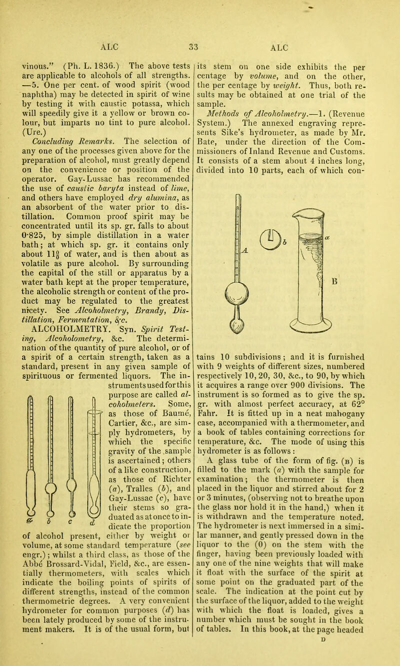 vinous. (Ph. L. 1836.) The above tests are applicable to alcohols of all strengths. —5. One per cent, of wood spirit (wood naphtha) may be detected in spirit of wine by testing it with caustic potassa, which will speedily give it a yellow or brown co- lour, but imparts no tint to pure alcohol. (Ure.) Concluding Remarks. The selection of any one of the pi ocesses given above for the preparation of alcohol, must greatly depend on the convenience or position of the operator. Gay. Lussac has recommended the use of caustic baryta instead of time, and others have employed dry atumina, as an absorbent of the water prior to dis- tillation. Common proof spirit may be concentrated until its sp. gr. falls to about 0*825, by simple distillation in a water bath; at which sp. gr. it contains only about llg of water, and is then about as volatile as pure alcohol. By surrounding the capital of the still or apparatus by a water bath kept at the proper temperature, the alcoholic strength or content of the pro- duct may be regulated to the greatest nicety. See AtcoJiotmetry, Brandy, Dis- tiltation, Fermentation, ^-c. ALCOHOLMETRY. Syn. Spirit Test- ing, Alcoholometry, &c. The determi- nation of the quantity of pure alcohol, or of a spirit of a certain strength, taken as a standard, present in any given sample of spirituous or fermented liquors. The in- strumentsusedforthis purpose are called al- coholmelers. Some, as those of Baume, Cartier, &c., are sim- ply hydrometers, by which the specific gravity of the sample is ascertained; others of a like construction, as those of Richter (a), Tralles (i), and Gay-Lussac (e), have their stems so gra- duated as at once to in- dicate the proportion of alcohol present, either by weight oi volume, at some standard temperature {see engr.) ; whilst a third class, as those of the Abbe Brossard-Vidal, Field, &c., are essen- tially thermometers, with scales which indicate the boiling points of spirits of different strengths, instead of the common thermometric degrees. A very convenient hydrometer for common purposes {d) has been lately produced by some of the instru- ment makers. It is of the usual form, hut 0 its stem on one side exhibits the per centage by volume, and on the other, the per centage by weight. Thus, both re- sults may be obtained at one trial of the sample. Mettiods of Alcoholmetry.—1. (Revenue System.) The annexed engraving repre- sents Sike's hydrometer, as n>ade by Mr. Bate, under the direction of the Com- missioners of Inland Revenue and Customs. It consists of a stem about 4 inches long, divided into 10 parts, each of which con- tains 10 subdivisions ; and it is furnished with 9 weights of different sizes, numbered respectively 10, 20, 30, &c., to 90, by which it acquires a range over 900 divisions. The instrument is so formed as to give the sp. gr. with almost perfect accuracy, at 62° Fahr. It is fitted up in a neat mahogany case, accompanied with a thermometer, and a book of tables containing corrections for temperature, &c. The mode of using this hydrometer is as follows : A glass tube of the form of fig. (b) is filled to the mark (a) with the sample for examination; the thermometer is then placed in the liquor and stirred about for 2 or 3 minutes, (observing not to breathe upon the glass nor hold it in the hand,) when it is withdrawn and the temperature noted. The hydrometer is next immersed in a simi- lar manner, and gently pressed down in the liquor to the (0) on the stem with the finger, having been previously loaded with any one of the nine weights that will make it float with the surface of the spirit at some point on the graduated part of the scale. The indication at the point cut by the surface of the liquor, added to the weight with which the float is loaded, gives a number which must be sought in the book of tables. In this book, at the page headed D