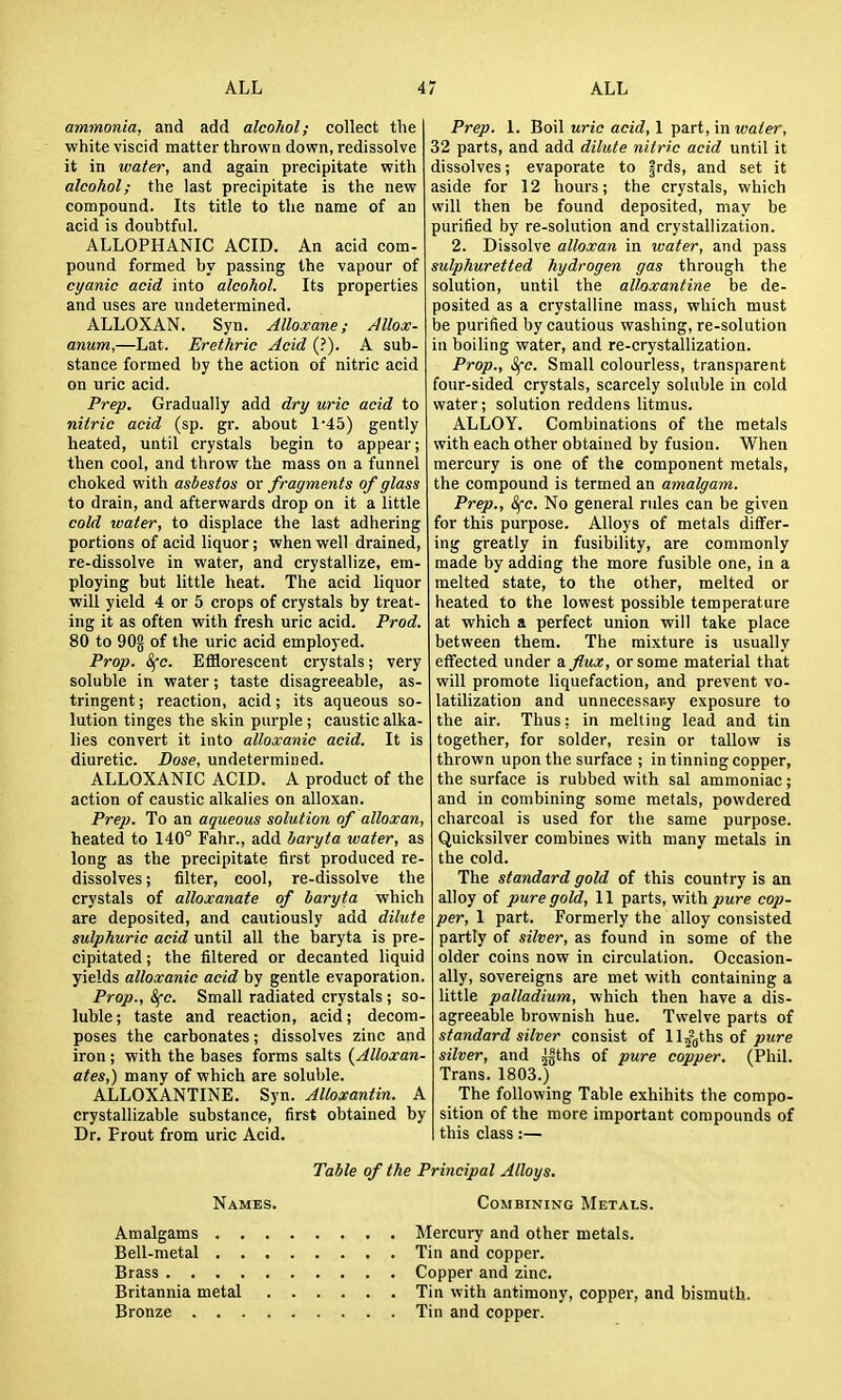 ammonia, and add alcohol; collect the white viscid matter thrown down, redissolve it in water, and again precipitate with alcohol; the last precipitate is the new compound. Its title to the name of an acid is doubtful. ALLOPHANIC ACID. An acid com- pound formed by passing the vapour of cyanic acid into alcohol. Its properties and uses are undetermined. ALLOXAN. Syn. Alloxans; Allox- anum,—Lat. Erethric Acid (?). A sub- stance formed by the action of nitric acid on uric acid. Prep. Gradually add dry uric acid to nitric acid (sp. gr. about 1'45) gently heated, until crystals begin to appear; then cool, and throw the mass on a funnel choked with asbestos or fragments of glass to drain, and afterwards drop on it a little cold water, to displace the last adhering portions of acid liquor; when well drained, re-dissolve in water, and crystallize, em- ploying but little heat. The acid liquor ■will yield 4 or 5 crops of crystals by treat- ing it as often with fresh uric acid. Prod. 80 to 90g of the uric acid employed. Prop. 8fc. Efflorescent crystals; very soluble in water; taste disagreeable, as- tringent ; reaction, acid; its aqueous so- lution tinges the skin purple ; caustic alka- lies convert it into alloxanic acid. It is diuretic. Dose, undetermined. ALLOXANIC ACID. A product of the action of caustic alkalies on alloxan. Prep. To an aqueous solution of alloxan, heated to 140° Fahr., add baryta water, as long as the precipitate first produced re- dissolves ; filter, cool, re-dissolve the crystals of alloxanate of baryta which are deposited, and cautiously add dilute sulphuric acid until all the baryta is pre- cipitated ; the filtered or decanted liquid yields alloxanic acid by gentle evaporation. Prop., 8fc. Small radiated crystals ; so- luble ; taste and reaction, acid; decom- poses the carbonates; dissolves zinc and iron; with the bases forms salts (Alloxan- ates,) many of which are soluble. ALLOXANTINE. Syn. Alloxantin. A crystallizable substance, first obtained by Dr. Frout from uric Acid. Prep. 1. Boil uric acid, 1 part, in water, 32 parts, and add dilute nitric acid until it dissolves; evaporate to §rds, and set it aside for 12 hours; the crystals, which will then be found deposited, may be purified by re-solution and crystallization. 2. Dissolve alloxan in water, and pass sulphuretted hydrogen gas through the solution, until the alloxantine be de- posited as a crystalline mass, which must be purified by cautious washing, re-solution in boiling water, and re-crystallization. Prop., Sfc. Small colourless, transparent four-sided crystals, scarcely soluble in cold water; solution reddens litmus. ALLOY. Combinations of the metals with each other obtained by fusion. When mercury is one of the component metals, the compound is termed an amalgam. Prep., See. No general rules can be given for this purpose. Alloys of metals differ- ing greatly in fusibility, are commonly made by adding the more fusible one, in a melted state, to the other, melted or heated to the lowest possible temperature at which a perfect union will take place between them. The mixture is usually effected under &Jlux, or some material that will promote liquefaction, and prevent vo- latilization and unnecessary exposure to the air. Thus: in melting lead and tin together, for solder, resin or tallow is thrown upon the surface ; in tinning copper, the surface is rubbed with sal ammoniac; and in combining some metals, powdered charcoal is used for the same purpose. Quicksilver combines with many metals in the cold. The standard gold of this country is an alloy of pure gold, 11 parts, v/ith pure cop- per, 1 part. Formerly the alloy consisted partly of silver, as found in some of the older coins now in circulation. Occasion- ally, sovereigns are met with containing a little palladium, which then have a dis- agreeable brownish hue. Twelve parts of standard silver consist of ll^^ths oi pure silver, and ^gths of pure copper. (Phil. Trans. 1803.) The following Table exhibits the compo- sition of the more important compounds of this class :— Table of the Principal Alloys. Names. Combining Metals. Amalgams Mercury and other metals. Bell-metal Tin and copper. Brass Copper and zinc. Britannia metal Tin with antimony, copper, and bismuth. Bronze Tin and copper.