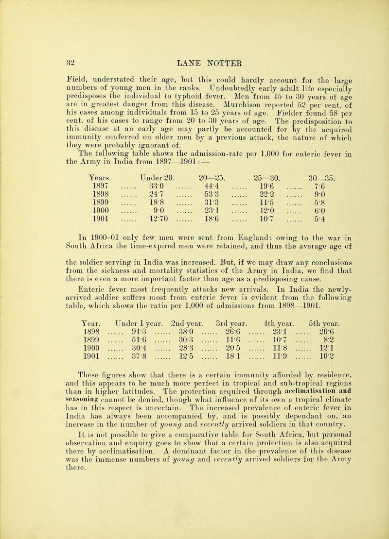 Field, understated their age, but this could hardly account for the large numbers of young men in the ranks. Undoubtedly early adult life especially predisposes the individual to typhoid fever. Men from 15 to 30 years of age are in greatest danger from this disease. Murchison reported 52 per cent, of his cases among individuals from 15 to 25 years of age. Fielder found 58 per cent, of his cases to range from 20 to 30 years of age. The predisposition to this disease at an early age may partly be accounted for by the acquired immunity conferred on older men by a previous attack, the nature of which they were probably ignorant of. The following table shows the admission-rate per 1,000 for enteric fever in the Army in India from 1897—1901: — Years. Under 20. 20—25. 25—30. 30—35. 1897 .... 330 .... .. 44-4 ... ... 196 ... 76 1898 24-7 .... .. 53-3 ... ... 222 ... 90 1899 18-8 .... .. 31-3 ... ... 11-5 ... 5-8 1900 90 .... .. 231 ... ... 120 ... 60 1901 12-70 .... .. 18-6 ... ... 10-7 ... ... 54 In 1900-01 only few men were sent from England; owing to the war in South Africa the time-expired men were retained, and thus the average age of the soldier serving in India was increased. But, if we may draw any conclusions from the sickness and mortality statistics of the Army in India, we find that there is even a more important factor than age as a predisposing cause. Enteric fever most frequently attacks new arrivals. In India the newly- arrived soldier suffers most from enteric fever is evident from the following table, which shows the ratio per 1,000 of admissions from 1898—1901. Year. Under 1 year. 2nd year. 3rd year. 4th year. 5th year 1898 91-3 .... .. 38-0 ... ... 26 6 .. .... 231 .. 206 1899 5T6 .... . 30-3 ... ... 11-6 .. .... 10-7 .. 8-2 1900 30-4 .... .. 28-3 ... ... 205 .. .... 11-8 .. 121 1901 37-8 .... . 125 ... ... 181 .. .... 119 .. .... 102 These figures show that there is a certain immunity afforded by residence, and this appears to be much more perfect in tropical and sub-tropical regions than in higher latitudes. The protection acquired through acclimatisation and seasoning cannot be denied, though what influence of its own a tropical climate has in this respect is uncertain. The increased prevalence of enteric fever in India has always been accompanied by, and is possibly dependant on, an increase in the number of young and recently arrived soldiers in that country. It is not possible to give a comparative table for South Africa, but personal observation and enquiry goes to show that a certain protection is also acquired there by acclimatisation. A dominant factor in the prevalence of this disease was the immense numbers of young and recently arrived soldiers for the Army there.