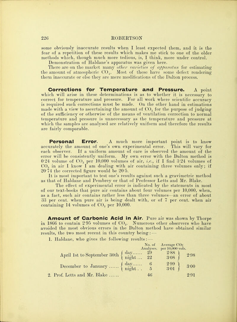 some obviously inaccurate results when I least expected them, and it is the fear of a repetition of these results which makes me stick to one of the older methods which, though much more tedious, is, I think, more under control. Demonstration of Haldane's apparatus was given here. There are on the market many other varieties of apparatus for estimating the amount of atmospheric C02. Most of these have some defect rendering them inaccurate or else they are mere modifications of the Dalton process. Corrections for Temperature and Pressure. A point which will arise in these determinations is as to whether it is necessary to correct for temperature and pressure. For all work where scientific accuracy is required such corrections must be made. On the other hand in estimations made with a view to ascertaining the amount of C02 for the purpose of judging of the sufficiency or otherwise of the means of ventilation correction to normal temperature and pressure is unnecessary as the temperature and pressure at which the samples are analysed are relatively uniform and therefore the results are fairly comparable. Personal Error. A much more important point is to know accurately the amount of one's own experimental error. This will vary for each observer. If a uniform amount of care is observed the amount of the error will be consistently uniform. My own error with the Dalton method is 0'24 volume of C02 per 10,000 volumes of air, i.e., if I find 3'24 volumes of C03 in air I know I am dealing with air containing three volumes only; if 20'74 the corrected figure would be 20'5. It is most important to test one's results against such a gravimetric method as that of Haldane and Pembrey or that of Professor Letts and Mr. Blake. The effect of experimental error is indicated by the statements in most of our text-books that pure air contains about four volumes per 10,000, when, as a fact, such air contains rather less than three volumes—an error of about 33 per cent, when pure air is being dealt with, or of 7 per cent, when air containing 14 volumes of C02 per 10,000. Amount of Carbonic Acid in Air. Pure air was shown by Thorpe in 1866 to contain 2'95 volumes of C02. Numerous other observers who have avoided the most obvious errors in the Dalton method have obtained similar results, the two most recent in this country being: — 1. Haldane, who gives the following results: — No. of Average CO2 Analyses, per 10,000 vols. April 1st to September 30th j ^^\\\ 22 3-08 } 2'98 December to January j n^j. ' g g.Qj j 3'00 2. Prof. Letts and Mr. Blake 46 2 91