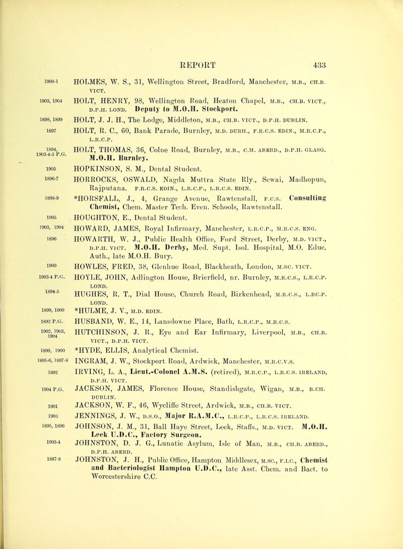 1900-1 HOLMES, W. S, 31, Wellington Street, Bradford, Manchester, m.b., ch.b. VICT. 1903,1904 HOLT, HENRY, 98, Wellington Road, Heaton Chapel, m.b., ch.b. vict., d.p.h. lond. Deputy to 31.0.II. Stockport. 1898,1899 HOLT, J. J. H., The Lodge, Middleton, m.b., ch.b. vict., d.p.h. Dublin. 1897 HOLT, R. C, 60, Bank Parade, Burnley, m.d. dubh., f.r.c.s. edin., m.r.c.p., l.r.c.p. 1894, HOLT, THOMAS, 36, Colne Road, Burnley, m.b., cm. aberd., d.p.h. glasg. 1903-4-5 p.g. ^.0.H. Burnley. 1905 HOPKINSON, S. M., Dental Student. 1896- 7 HORROCKS, OSWALD, Nagda Muttra State Rly., Sewai, Madhopun, Rajputana. f.r.c.s. edin., l.r.c.p., l.r.c.s. edin. 1898-9 *HORSFALL, J., 4, Grange Avenue, Rawtenstall, f.c.s. Consulting Chemist, Chem. Master Tech. Even. Schools, Rawtenstall. 1005 HOUGHTON, E., Dental Student, 1903, 1904 HOWARD, JAMES, Royal Infirmary, Manchester, l.r.c.p., m.r.c.s. eng. 1896 HOWARTH, W. J., Public Health Office, Ford Street, Derby, m.d. vict., d.p.h. vict. M.O.II. Derby, Med. Supt. Isol. Hospital, M.O. Educ. Auth., late M.O.H. Bury. woo HOWLES, FRED, 38, Glenhuo Road, Blackheath, London, m.sc. vict. 1903-4p.g. HOYLE, JOHN, AdHngton House, Brierfield, nr. Burnley, m.r.c.s., l.r.c.p. LOND. 18945 HUGHES, R, T., Dial House, Church Road, Birkenhead, m.r.c.s., l.rc.p. LOND. 1899, 1900 *HULME, J. V., M.D. EDIN. 1892 p.g. HUSBAND, W. E., 14, Lansdowne Place, Bath, l.r.c.p., m.r.c.s. 1902,^03, HUTCHINSON, J. R., Eye and Ear Infirmary, Liverpool, m.b., ch.b. vict., d.p.h. vict. 1899, ]9oo *HYDE, ELLIS, Analytical Chemist, 1895-6,1897-8 INGRAM, J. W., Stockport Road, Ardwick, Manchester, m.r.c.v.s. 1892 IRVING, L. A., Lieut.-Colonel A.M.S. (retired), m.r.c.p., l.r.c.s. Ireland, d.p.h. vict. 1904 p.g. JACKSON, JAMES, Florence House, Standishgate, Wigan, m.b., b.ch. DUBLIN. i90i JACKSON, W. F., 46, Wycliffe Street, Ardwick, m.b., ch.b. vict. 1903 JENNINGS, J. W., d.s.o., Major R.A.M.C., l.r.c.p., l.r.c.s. Ireland. 1895,1896 JOHNSON, J. M., 31, Ball Haye Street, Leek, Staffs., m.d. vict. M.O.II. Leek U.D.C., Factory Surgeon. 1903-4 JOHNSTON, D. J. G., Lunatic Asylum, Isle of Man, m.b, ch.b. aberd, D.P.H. ABERD. 1897- 8 JOHNSTON, J. H, Public Office, Hampton Middlesex, m.sc, f.i.c. Chemist and Bacteriologist Hampton U.D.C., late Asst. Chem. and Bact. to Worcestershire C.C.