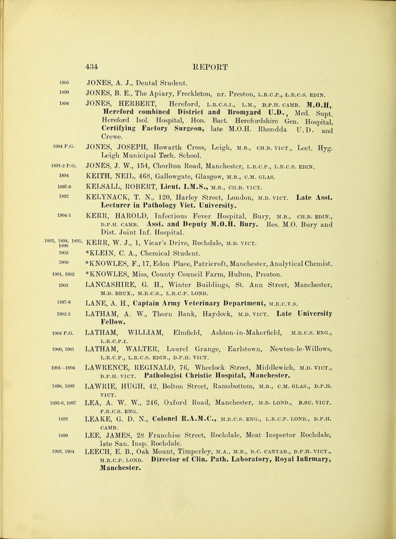 1905 JONES, A. J., Dental Student, 1899 JONES, B. E., The Apiary, Freckleton, nr. Preston, l.r.c.p., l.r.c.s. edin. 1894 JONES, HERBERT, Hereford, l.r.c.s.i., l.m., d.p.h. camb. M.O.H, Hereford combined District and Bromyard U.D., Med. Supt. Hereford Isol. Hospital, Hon. Bact. Herefordshire Gen. Hospital, Certifying Factory Surgeon, late M.O.H. Rhondda U.D. and Crewe. 1904 p.g. JONES, JOSEPH, Howarth Cross, Leigh, m.b., ch.b. vict., Lect. Hyg. Leigh Municipal Tech. School. 1891-2 p.g. JONES, J. W., 154, Chorlton Road, Manchester, l.r.c.p., l.r.c.s. edin. 1894 KEITH, NEIL, 468, Gallowgate, Glasgow, m.b., cm. glas. 1897-s KELSALL, ROBERT, Lieut. I.M.S., m.b., ch.b. vict. 1892 KELYNACK, T. N., 120, Harley Street, London, m.d. vict. Late Asst. Lecturer in Pathology Vict. University. 1904-5 KERR, HAROLD, Infectious Fever Hospital, Bury, m.b., ch.b. edin., d.p.h. camb. Asst. and Deputy M.O.H. Bury. Res. M.O. Bury and Dist. Joint Inf. Hospital. 1893' 1895' KERR, W. J., 1, Vicar's Drive, Rochdale, m.d. vict. 1903 *KLEIN, C. A., Chemical Student. 1900 *KNOWLES, F., 17, Edon Place, Patricroft, Manchester, Analytical Chemist. 1901,1902 *KNOWLES, Miss, County Council Farm, Hulton, Preston. 1903 LANCASHIRE, G. H, Winter Buildings, St. Ann Street, Manchester, M.D. BRUX., M.R.C.S., L.R.C.P. LOND. 1897-8 LANE, A. H, Captain Army Veterinary Department, m.r.c.v.s. 1902-3 LATHAM, A. W., Thorn Bank, Haydock, m.d. vict. Late University Fellow. 1904 p.g. LATHAM, WILLIAM, Elmfield, Ashton-in-Makerfield, m.r.c.s. eng., l.r.c.p.i. woo, 1901 LATHAM, WALTER, Laurel Grange, Earlstown, Newton-le-Willows, L.R.C.P., L.R.C.S. EDIN., D.P.H. VICT. 1901-1904 LAWRENCE, REGINALD, 76, Wheelock Street, Middlewich, m.d. vict., d.p.h. vict. Pathologist Christie Hospital, Manchester. 1898,1899 LAWRIE, HUGH, 42, Bolton Street, Ramsbottom, m.b., cm. glas., d.p.h. vict. 1895-6,1897 LEA, A. W. W., 246, Oxford Road, Manchester, m.d. lond., b.sc vict. F.R.CS. ENG. 1892 LEAKE, G. D. N., Colonel R.A.M.C., m.h.cs. eng., l.r.c.p. lond., d.p.h, CAMB. 1899 LEE, JAMES, 28 Franchise Street, Rochdale, Meat Inspector Rochdale, late San. Insp. Rochdale. 1903,1904 LEECH, E. B., Oak Mount, Timperley, m.a., m.b., b.c. cantab., d.p.h. vict., m.r.c.p. lond. Director of Clin. Path. Laboratory, Royal Infirmary, Manchester.