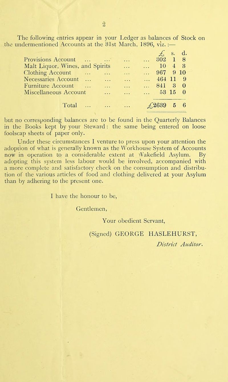 2 The following entries appear in your Ledger as balances of Stock on the undermentioned Accounts at the 31st March, 1896, viz. :— Provisions Account Malt Liquor, Wines, and Spirits Clothing Account Necessaries Account ... Furniture Account Miscellaneous Account £ s. d. 302 1 8 10 4 8 967 9 10 464 11 9 841 3 0 53 15 0 Total ,£2639 5 6 but no corresponding balances are to be found in the Quarterly Balances in the Books kept by your Steward : the same being entered on loose foolscap sheets of paper only. Under these circumstances I venture to press upon your attention the adoption of what is generally known as the Workhouse System of Accounts now in operation to a considerable extent at Wakefield Asylum. By adopting this system less labour would be involved, accompanied with a more complete and satisfactory check on the consumption and distribu- tion of the various articles of food and clothing delivered at your Asylum than by adhering to the present one. I have the honour to be, Gentlemen, Your obedient Servant, (Signed) GEORGE HASLEHURST,