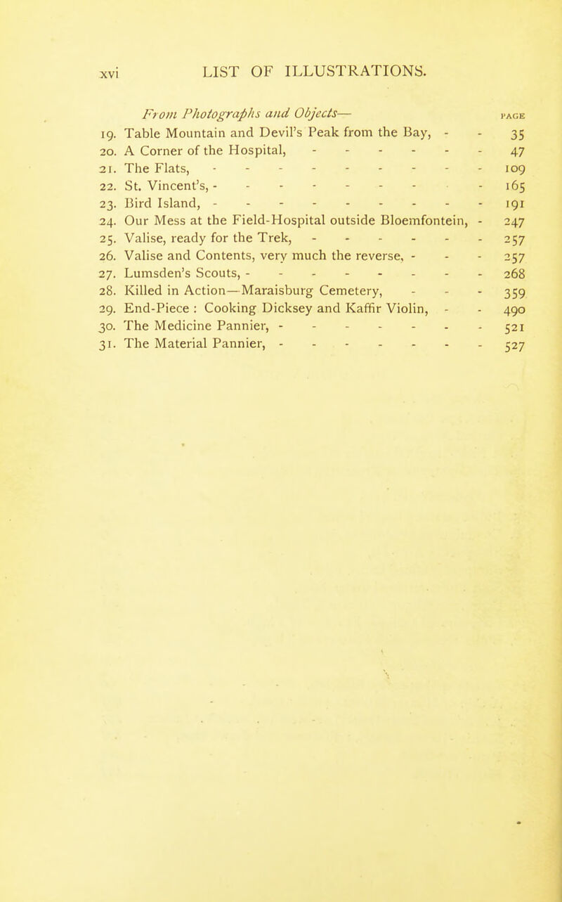 From Photographs and Objects— i-age 19. Table Mountain and Devil's Peak from the Bay, - - 35 20. A Corner of the Hospital, 47 21. The Flats, . - - 109 22. St, Vincent's, - 165 23. Bird Island, 191 24. Our Mess at the Field-Hospital outside Bloemfontein, - 247 25. Valise, ready for the Trek, 257 26. Valise and Contents, very much the reverse, - - - 257 27. Lumsden's Scouts, 268 28. Killed in Action—Maraisburg Cemetery, - - - 359 29. End-Piece : Cooking Dicksey and Kaf¥ir Violin, - - 490 30. The Medicine Pannier, - - 521 31. The Material Pannier, 527