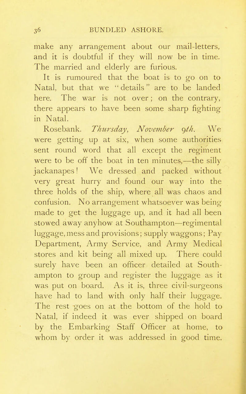 make any arrangement about our mail-letters, and it is doubtful if they will now be in time. The married and elderly are furious. It is rumoured that the boat is to go on to Natal, but that we details are to be landed here. The war is not over; on the contrary, there appears to have been some sharp fighting in Natal. Rosebank. TImrsday, November <^th. We were getting up at six, when some authorities sent round word that all except the regiment were to be off the boat in ten minutes,—the silly jackanapes! We dressed and packed without very great hurry and found our way into the three holds of the ship, where all was chaos and confusion. No arrangement whatsoever was being- made to get the luggage up, and it had all been stowed away anyhow at Southampton—regimental luggage, mess and provisions; supply waggons; Pay Department, Army Service, and Army Medical stores and kit being all mixed up. There could surely have been an officer detailed at South- ampton to group and register the luggage as it was put on board. As it is, three civil-surgeons have had to land with only half their luggage. The rest goes on at the bottom of the hold to Natal, if indeed it was ever shipped on board by the Embarking Staff Officer at home, to whom by order it was addressed in good time.