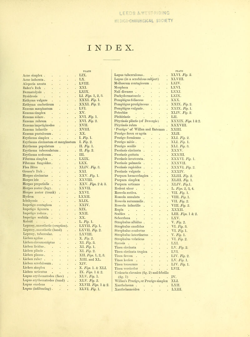 WIEDICO-CHIRURGiCAL SOCIETY INDEX. PLATE PLATE LIX. Lupus tuberculosus.... XLVI. Fiff. 2. A.cn6 ludin'citSi • • • • • LX. Lupus (in a scrofulous subject) XL VIII. ^i-lUUcCld ttiCO'LCI' » ■ . t LVIII. Molluscum contagiosum . LXIV. XXI. Morphoea ..... LXVI. lli-Cl LWi y i3XO t • t • • LXIX, Nail diseases ..... LXXI. y oiui'-'OlO 1 • » ■ » LI. Fiffs. 1, 2, 3. Pachydermatocele .... LXIX. EctliyuiEi vulg'are .... XXXI. Fiff. 1. Pemphigus foliaceus XXX. Ecthyma caclieticuiii . XXXI. Fiff. 2. Pemphigus pruriginosus . XXIX. Fiff. 2. Eczema marginatiun LVI. Pemphigus yulgaris.... XXIX. Fiff. 1. Eczema simplex .... XV. Petechife ..... XLIV. Fiff. 2. Eczema solare ..... XVI. Fiff. 1. Phthiriasis LII. Eczema rubrum .... XVI. Fiff. 2. Pityriasis pilaris (of Deyergie) XXXIX. Fiffs. 1 & 2. Eczema impetiginodes XVII. Pityriasis rubra .... XXX vm. Eczema infantile .... XVIII. ' Porrigo ' of Willan and Bateman . XXIII. Eczema pustiilosum .... XX. Prurigo ferox or agria XLII. Er'S'tliema simplex .... I. Fiff. 1. Prurigo formicans .... XLI. Fiff. 2. Erythema circinatiun et marginatum I. Fiff. 2. Prurigo Biitis XLI. Fiff. 1. Erythema papiilatimi II. Fiff. 1. Prurigo senilis .... XLI. Fiff. 3. Erythema tuberculatum . n. Fiff. 2. Psoriasis circinata .... XXXV. Erythema nodosum.... III. Psoriasis guttata .... XXXIII. Fibr6ma simplex .... LXIX. Psoriasis inyeterata.... XXXVI. Fiff. 1. Fibroma fungoides.... LXX. Psoriasis palmaris .... XXXVII. Flea Bites ..... XLIV. Fiff. 3. Psoriasis rupioides .... XXXVI. Fiff. 2. Grocer's Itch ..... XXI. Psoriasis yulg'aris .... XXXIV. Herpes circinatus .... XXV. Fiff. 1. Purpura hcemorrhagica XLIII Fin 2 '^X-l-JL> JL lift Herpes iris ..... XXVHL Purpura simplex .... XLIII. Fiff. 1. Herpes preputials .... XXV. Fiffs. 2 & 3. Purpura urticans .... XLIV. Fiff.l. Herpes zoster (leg).... XXVII. Rodent ulcer . . . Ti Fif/s 2 3 4 Herpes zoster (trunk) XXVI. Roseola sestiya. .... VII. Fiff. 1. Hydroa ..... Lxxrr. Roseola annulata .... VIII. Fiff. 1. Ichthyosis ..... XLIX. Roseola autumnalis VII. Fiff. 2. Impetigo contagiosa XXIV. Ro'ipolji infriTitili*^ -LLV.'C^ I J.ii.O .... Impetigo figurata .... XIX. Rupia XXXII. Impetigo rodens xxn. Scabies Impetigo scabida .... XX. nfiTiwy npa LXV. Keloid L. Fiff. 1. Strophulus albidus .... V. Fiff. 2. Leprosy, anfesthetic (eruption). LXVn. Fiff. 1. Strophulus candidus \1. Fiff. 3. Leprosy, antesthetic (hand) LX\^I. Fiff. 2. Strophulus coufertus VI. Fig. 1. Leprosy, tubercular. LXVIII. Strophulus intertinctus . V. Fiff. 1. Lichen agrius ..... X. Fiff. 2. Strophulus yolaticus VI. Fiff. 2. Lichen circumscriptus XL Fiff. 3. LXI. Lichen liyidus XI. Fiff. 1. Tinea circinata . . . LV. Fiff. 2. Lichen pilaris XL Fiff. 2. Tinea circinata tropica LVI. Lichen planus ..... XII. Fiffs. 1, 2, 3. LIV. Fig. 2. Lichen rube:* ..... Xin. and XL. LV. Fiff. 1. Lichen scrofulosum.... XIV. Tinea tonsurans .... LIV. Fig. 1. Lichen simplex .... X. Fiffs. 1. & XLI. Tinea yersicolor .... LVII. Lichen urticatus .... IX. Fiffs. 1 & 2. Urticaria chronica (tig. 2) andfebrLlis Lupus erythematodes (face) . XLV. Fiff. 1. (fig.l) . . . IV. Lupus erji:hematodes (hand) . XLV. Fiff. 2. Willan's Prurigo, or Prurigo simplex XLI. Lupus exedens .... XLVn. Fiffs. 1 & 2. Xanthelasma ..... LXII. Lupus (iufiltrating).... XLVI. Fiff. 1. Xanthelasmoidea .... LXIII.