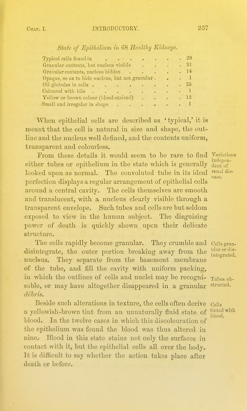.State of IJpithelmm in 68 Healihy Kidneys. Typical cells found in 29 Granular contents, but nixcleus visible . . . .31 Granular contents, nucleus hicldon H Opaque, so as to hide nucleus, but not granular ... 1 Oil globules in colls 25 Coloured witli bile . . . . . . . • 1 Yellow or brown colour (blood-stained) . . . .12 Small and irregular in shape ...... 1 When epithelial cells are described as ' typical,' it is meant that the cell is natural in size and shape, the out- line a.nd the nucleus well defined, and the contents uniform, transparent and colourless. From these details it would seem to be rare to find 7*^^''^^'°^ either tubes or epithelium in the state which is generally dent'of' looked upon as normal. The convohited tube in its ideal ^'^'^^ . . . ease. perfection displays a regular arrangement of epithelial cells around a central cavity. The cells themselves are smooth and translucent, with a nucleus clearly visible through a transparent envelope. Such tubes and cells ai-e but seldom exposed to view in the human subject. The disguising power of death is quickly shown upon their delicate structure. The cells rapidly become granular. They crumble and Cells gran- disintegrate, the outer portion breaking away from the i|tp„™ated' nucleus. They separate from the basement membrane df the tube, and fill the cavity with uniform packing, in which the outlines of cells and nuclei may be recogni- Tubes ob- sable, or may have altogether disappeared in a granular structed. debris. Beside such alterations in texture, the cells often derive Cells a yellowish-brown tint from an unnaturally fluid state of yyoj-f^'*^^ blood. In the twelve cases in which this discolouration of the epithelium was found the blood was thus altered in nine. Blood in this state stains not only the surfaces in contact with it, but the epithelial cells all over the body. It is difficult to say whether the action takes place after death or before.