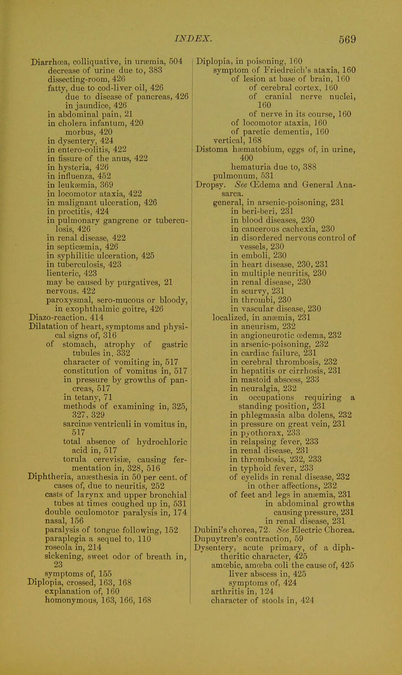 Diarrhofja, colliquative, in urceraia, 504 decrease of urine due to, 383 dissecting-room, 426 fatty, due to cod-liver oil, 426 due to disease of pancreas, 426 in jaundice, 426 in abdominal pain, 21 in cholera infantum, 420 morbus, 420 in dysentery, 424 in entero-colitis, 422 in fissure of the anus, 422 in hysteria, 426 in influenza, 452 in leukjemia, 369 in locomotor ataxia, 422 in malignant ulceration, 426 in proctitis, 424 in pulmonary gangrene or tubercu- losis, 426 in renal disease, 422 in septicfemia, 426 in syphilitic ulceration, 425 in tuberculosis, 423 lienteric, 423 may be caused by purgatives, 21 nervous, 422 paroxysmal, sero-mucous or bloody, in exophthalmic goitre, 426 Diazo-reaction, 414 Dilatation of heart, symptoms and physi- cal signs of, 316 of stomach, atrophy of gastric tubules in, 332 character of vomiting in, 517 constitution of vomitus in, 517 in pressure by growths of pan- creas, 517 in tetany, 71 methods of examining in, 325, 327, 329 sarcinte ventriculi in vomitus in, 517 total absence of hydrochloric acid in, 517 torula cerevisiffi, causing fer- mentation in, 328, 516 Diphtheria, ana;sthesia in 50 per cent, of cases of, due to neuritis, 252 casts of larynx and upper bronchial tubes at times coughed up in, 531 double oculomotor paralysis in, 174 nasal, 156 paralysis of tongue following, 152 paraplegia a sequel to, 110 roseola in, 214 sickening sweet odor of breath in, 23 symptoms of, 155 Diplopia, crossed, 163, 168 explanation of, 160 homonymous, 163, 166, 168 Diplopia, in poisoning, 160 symptom of Friedreicli's ataxia, 160 of lesion at base of brain, IfiO of cerebral cortex, 160 of cranial nerve nuclei, 160 of nerve in its course, 160 of locomotor ataxia, 160 of paretic dementia, 160 vertical, 168 Distoma haematobium, eggs of, in urine, 400 hematuria due to, 388 pulmonum, 531 Dropsy. See OEdema and General Ana- sarca. general, in arsenic-poisoning, 231 in beri-beri, 231 in blood diseases, 230 in cancerous cachexia, 230 in disordered nervous control of vessels, 230 in emboli, 230 in heart disease, 230, 231 in multiple neuritis, 230 in renal disease, 230 in scurvy, 231 in thrombi, 230 in vascular disease, 230 localized, in anromia, 231 in aneurism, 232 in angioneurotic ccdema, 232 in arsenic-poisoning, 232 in cardiac failure, 231 in cerebral thrombosis, 232 in hepatitis or cirrhosis, 231 in mastoid abscess, 233 in neuralgia, 232 in occupations requiring a standing position, 231 in phlegmasia alba dolens, 232 in pressure on great vein, 231 in p^ othorax, 233 in relapsing fever, 233 in renal disease, 231 in thrombosis, 232, 233 in typhoid fever, 233 of eyelids in renal disease, 232 in other affections, 232 of feet and legs in ansemia, 231 in abdominal growths causing pressure, 231 in renal disease, 231 Dubini's chorea, 72. See Electric Chorea. Dupuytren's contraction, 59 Dysentery, acute primary, of a diph- theritic character, 425 amcebic, amceba coli the cause of, 425 liver abscess in, 425 symptoms of, 424 arthritis in, 124 character of stools in, 424