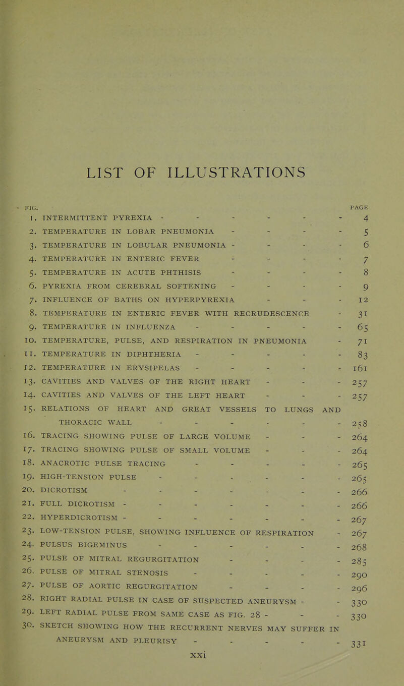 LIST OF ILLUSTRATIONS - KK.. I'AGE I . TNTERMITTENT PYREXIA ------ 4 2. TEMPERATURE IN LOBAR PNEUMONIA - - - - 5 3. TEMPERATURE IN LOBULAR PNEUMONIA - - - - 6 4. TEMPERATURE IN ENTERIC FEVER ... .7 5. TEMPERATURE IN ACUTE PHTHISIS - - - - 8 6. PYREXIA FROM CEREBRAL SOFTENING - - - - 9 7. INFLUENCE OF BATHS ON HYPERPYREXIA - - - 12 8. TEMPERATURE IN ENTERIC FEVER WITH RECRUDESCENCE - 31 9. TEMPERATURE IN INFLUENZA - - - - 65 10. TEMPERATURE, PULSE, AND RESPIRATION IN PNEUMONIA - 71 11. TEMPERATURE IN DIPHTHERIA - - - - 83 12. TEMPERATURE IN ERYSIPELAS - - - - - 161 13. CAVITIES AND VALVES OF THE RIGHT HEART - - - 257 14. CAVITIES AND VALVES OF THE LEFT HEART - - -257 15. RELATIONS OF HEART AND GREAT VESSELS TO LUNGS AND THORACIC WALL - - - - - - 2=^8 16. TRACING SHOWING PULSE OF LARGE VOLUME - - - 264 17. TRACING SHOWING PULSE OF SMALL VOLUME - - - 264 18. ANACROTIC PULSE TRACING - ... - 265 19. HIGH-TENSION PULSE 265 20. DICROTISM ------- 266 21. FULL DICROTISM 266 22. HYPERDICROTISM 267 23. LOW-TENSION PULSE, SHOWING INFLUENCE OF RESPIRATION - 267 24. PULSUS BIGEMINUS 268 25. PULSE OF MITRAL REGURGITATION - - - - 285 26. PULSE OF MITRAL STENOSIS - - . . . 29O 27. PULSE OF AORTIC REGURGITATION .... 296 28. RIGHT RADIAL PULSE IN CASE OF SUSPECTED ANEURYSM - 330 29. LEFT RADIAL PULSE FROM SAME CASE AS FIG. 28 - - - 330 30. SKETCH SHOWING HOW THE RECURRENT NERVES MAY SUFFER IN ANEURYSM AND PLEURISY - - - - 331