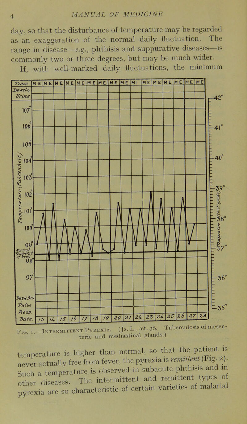 day, so that the disturbance of temperature may be regarded as an exaggeration of the normal daily fluctuation. The range in disease—e.g., phthisis and suppurative diseases—is commonly two or three degrees, but may be much wider. If, with well-marked daily fluctuations, the minimum -n. ^^T» /TcT a^t^6 Tuberculosis of mesen- I —Intermittent Pyrexia. (Js. i^., set. 30- i^^^^ teric and mediastinal glands.) temperature is higher than normal, so that the patient is never actually free from fever, the pyrexia is remtUent (Fig. 2). Such a temperature is observed in subacute phthisis and m other diseases. The intermittent and remittent types o pyrexia are so characteristic of certain varieties of malarial