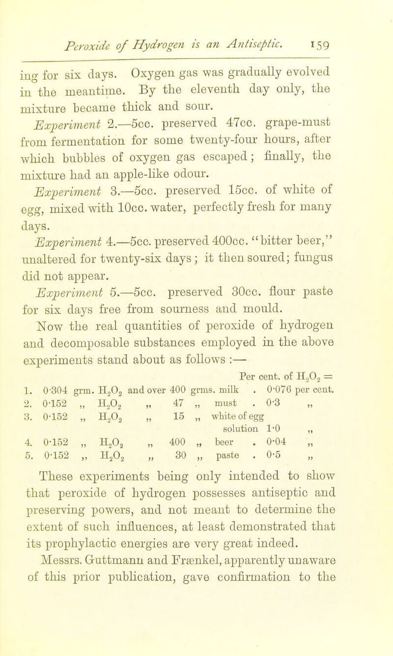 ing for six days. Oxygen gas was gradually evolved in the meantime. By the eleventh day only, the mixtm-e became thick and sour. Experiment 2.—5cc. preserved 47co. grape-must from fermentation for some twenty-four hours, after which bubbles of oxygen gas escaped; finally, the mixtiu-e had an apple-hke odour. Experiment 3.—5cc. preserved 15co. of white of egg, mixed with lOcc. water, perfectly fresh for many days. Experiment 4.—5cc. preserved 400co. bitter beer, unaltered for twenty-six days ; it then soured; fungus did not appear. Experiment 5.—5cc. preserved 30cc. flour paste for six days free from sourness and mould. Now the real quantities of peroxide of hydrogen and decomposable substances employed in the above experiments stand about as follows :— Per cent, of H^Og = 1. 0-304 grm. H2O2 and over 400 grms. milk 0-076 per i 2. 0-152 5J H,02 „ 47 „ must 0-3 3. 0-152 )5 H2O2 „ 15 „ white of egg solution 1-0 4. 0-152 )) H2O2 „ 400 „ beer 0-04 „ 5. 0-152 )> H2O2 „ 30 „ paste 0-5 These experiments being only intended to show that peroxide of hydrogen possesses antiseptic and preserving powers, and not meant to determine the extent of such influences, at least demonstrated that its prophylactic energies are very great indeed. Messrs. Guttmann and Frsenkel, apparently unaware of this prior publication, gave confirmation to the