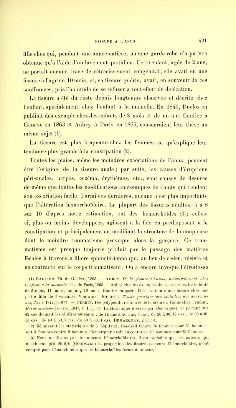 fille chez qui, pendant une année entière, aucune garde-roLe n a pu être obtenue qu'à l'aide d'un lavement quotidien. Cette enfant, âgée de 2 ans, ne portait aucune trace de rétrécissement congénital ; elle avait eu une fissure à l'âge de 10 mois, et, sa fissure guérie, avait, en souvenir de ces souffrances, pris l'habitude de se refuser à tout effort de défécation. La fissure a été du reste depuis longtemps observée et décrite chez l'enfant, spécialement chez l'enfant à la mamelle. En 184G, Duclos en publiait des exemple chez des enfants de 8 mois et de un an; Gautier à Genève en 1863 et Aubry à Paris en 1865, consacraient leur thèse au même sujet (1). La fissure est plus fréquente chez les femmes, ce qu'explique leur tendance plus grande à la constipation (2). Toutes les plaies, même les moindres excoriations de l'anus, peuvent être l'origine de la iîssure anale ; par suite, les causes d'éruptions péri-anales, herpès, eczéma, érythèmes, etc., sont causes de fissures de même que toutes les modifications anatomiques de l'anus qui rendent son excoriation facile. Parmi ces dernières, aucune n'est plus importante que l'altération hémorrhoïdaire. La plupart des fissurés adultes, 7 à 8 sur 10 d'après notre estimation, ont des hémorrhoïdos (3) ; colles- ci, plus ou moins développées, agissent à la fois en prédisposant à la constipation et principalement en modifiant la structure de la muqueuse dont le moindre traumatisme provoque alors la gerçure. Ce trau- matisme est presque toujours produit par le passage des matières fécales à travers la filière sphinctérienne qui, au lieu de céder, résiste et se contracte sur le corps traumatisant. On a encore invoqué l'étroitesse (1) Gautikk. Th. de Genève, 1863. — Aubry. Be la fimire à l'an.ng, i:)vineipaiement cliez l'enfant à la mamelle. Th. de Paris, 1865. — Aubry cite des exemples de fissures chez les enfants de 5 mois, 11 mois, un an, 16 mois. Gautier rapporte l'observation d'une fissure chez une petite fille de 3 semaines. Voir aussi Bouchut. Traité pmtUiue deis maladies des nouveau- nés, Paris, 1877, p. 677. — Ferrin. Des pol5'pes du rectum et de la fissure à l'anus chez l'enfant. Berne médieo-eli iruni., 1847, t. [, p. 65. La statistique dressée par Demarquay et portant sur 42 cas donnait les chiffres suivants : de 14 ans à 20 ans, 3 cas ; de 20 à 30,13 cas ; de 30 à 40 15 cas ; de 40 à 50, 7 cas ; de 50 à 60, 4 cas. Demarquay. Lue. eit. (2) Réunissant les statistiques de 3 hôpitaux, Goodsall trouve 76 femmes pour 51 hommes, soit 3 femmes contre 2 hommes. Demarquay avait au contraire 30 hommes pour 23 femmes. (3) Nous ne disons pas de tumeurs hémorrhoïdaires, il est probable que les auteurs qui n'estiment qu'à 20 0/0 (Goodsall) la proportion des fissurés porteurs d'hémorrho'ides, n'ont compté pour hémorrhoïdes que 'es hémorrhoïdes formant tumeur.