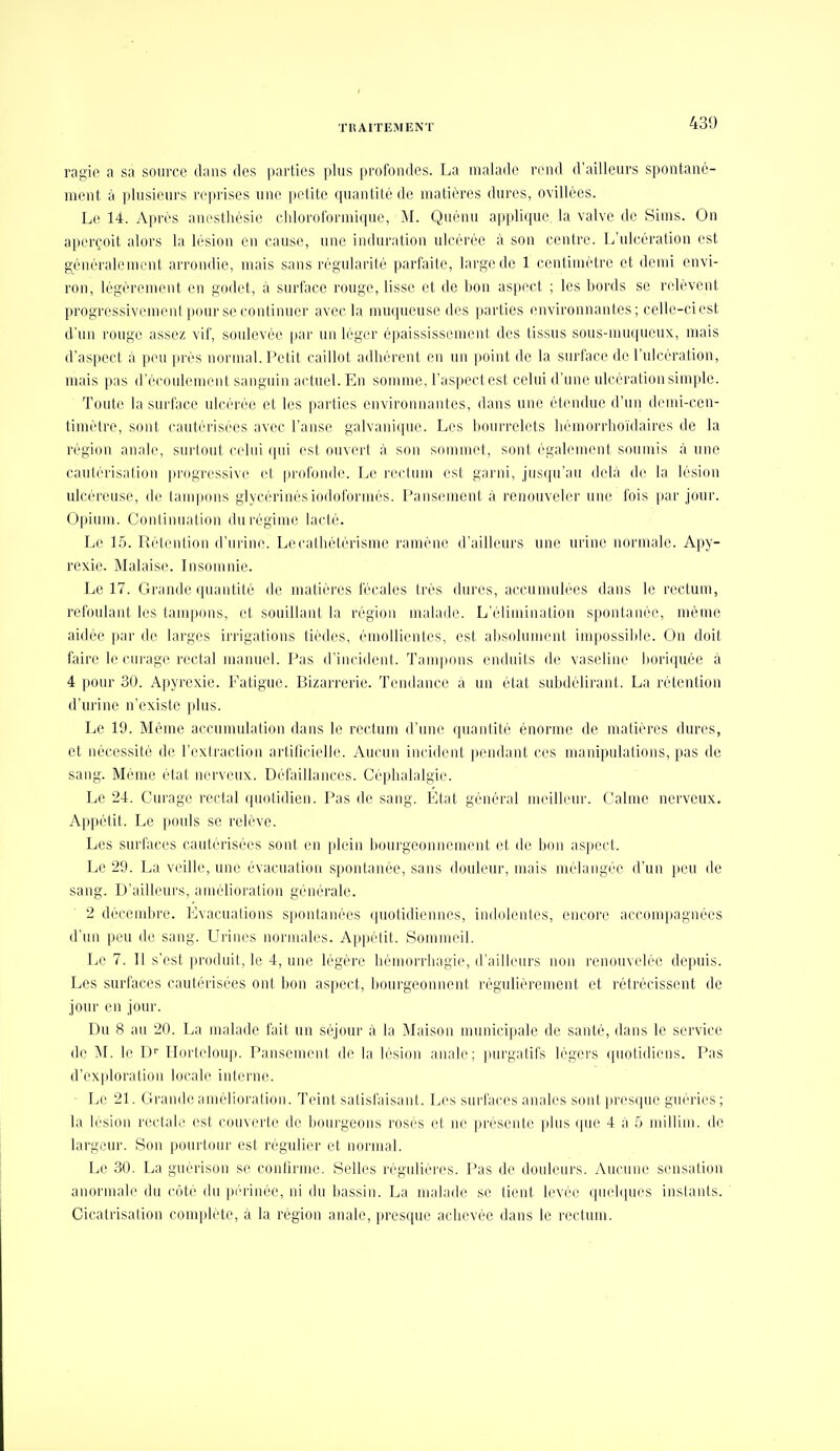 l'agio a sa souito dans dos parties plus profondes. La malade rend d'ailleurs spontané- ment à ]dusieurs re])rises une petite (piantilùde matières dures, ovillées. Le 14. Après anestlièsie clilororormi(pie, M. Quènu applique, la valve de Sims. On aperçoit alors la lésion en cause, une induration ulcérée à son centre. L'ulcération est généralement arnnidie, mais sans régulanté parfaite, large de 1 centimètre et demi envi- ron, légèrement en godet, à surface rouge, lisse et de bon aspect ; les bords se relèvent progressivement pour se continuer avec la muqueuse des parties environnantes; celle-ci est d'un rouge assez vif, soulevée |iai- un léger épaississement des tissus soiis-muqueux, mais d'aspect à peu près normal. Petit caillot adbérent en un point de la surface de l'ulcération, mais pas d'écoulement sanguin actuel. En somme, l'aspectest celui d'une ulcération simple. Toute la surface ulcérée et les parties environnanles, dans une étendue d'un demi-een- tinièlre, sont caul(''risées avec l'anse galvani(pie. Les liourrelets bémorrlioïdaires de la région anale, sui lout celui qui est ouvert à son sommet, sont également soumis à une cautérisation progressive et piofonde. T;e l'cclnm est gai'iii, jns(ju'au delà de la lésion ulcéreuse, de tampons glycérinésiodolbrmés. l^msement à renouvelei' une fois pai'jour. Opium. Continuation duréginu) laclé. Le 15. Rétention d'urine. Lecathélérisme ramèn(! d'ailleurs une urine normale. Ai>y- rexie. Malaise. Insomnie. Le 17. Grande quantité de matières fécales très dures, accumulées dans le rectum, refoulant les tanqjons, et souillant la région malade. L'élimination spontani'e, nu^'iuii aidée par de larges irrigations lièdes, émollientes, est absolument impossilde. On doit faire le curage rectal manuel. Pas d'incident. Tanqmns enduits de vaseline boriquée à 4 pour 30. Apyrexie. Fatigue. Bizarrerie. Tendance a un état subdélirant. La rétention d'urine n'existe plus. Le 19. Même accunudalion dans le rectum d'une qnanlilé énorme de matières dures, et nécessité de l'extraction arlilicielle. Aucun incident pendant ces manipulations, pas de sang. Même état nerveux. Défaillances. Céphalalgie. Le 24. Curage rectal quotidien. Pas de sang. Etat général meillem-. Calme nerveux. Appétit. Le pouls se relève. Les surfaces cautérisées sont en plein bourgeonnement et de bon aspect. Le 29. La veille, une évacuation spontanée, sans douleur, nuiis mélangée d'un peu de sang. D'ailleurs, amélioration générale. 2 décembre. Evacuations spontanées (|uotidiennes, indolentes, encore acconqtagnées d'un peu de sang. Urines normales. Appétit. Sommeil. Le 7. Il s'est produit, le 4, une légère bémorrbagie, d'ailleurs non renouvelée depuis. Les surfaces cautérisées ont bon aspect, bourgeonnent régulièrement et rétrécissent de jour en jour. Du 8 au 20. La malade fait un séjour à la Maison municipale de santé, dans le service de M. le D- Iloiieloup. Pansement de la lésion anale; i)urgatifs légers quotidiens. Pas d'exploration locale interne. ■ Le 21. Grande amélioration. Teint satisfaisant. Les surfaces anales sont presque guéries ; la lésion rectale est couverte de bourgeons rosés et ne présente plus que 4 à 5 millim. de largeur. Son pourtour est régulier et noi'mal. Le 30. La guérison se contirme. Selles régidières. Pas de douleurs. Aucune sensation anormale du côté du périnée, ni du bassin. La malade se tient levée quebpies instants. Cicatrisation complète, à la région anale, presque achevée dans le rectum.