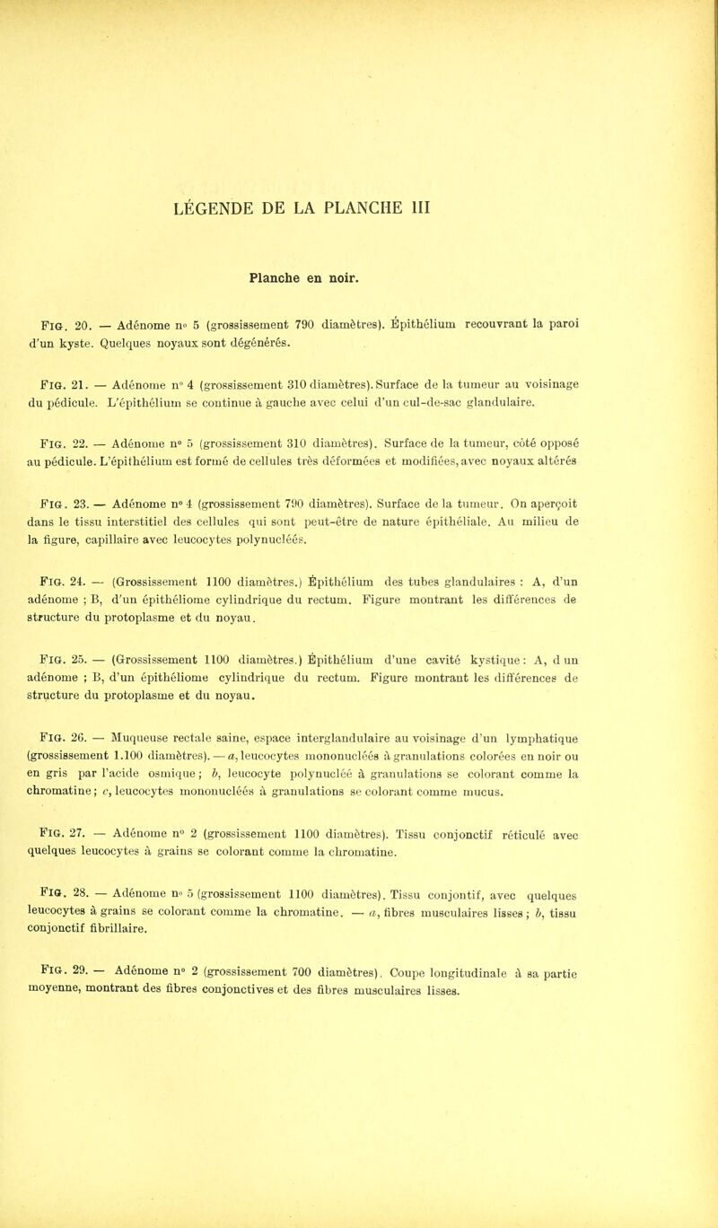 Planche en noir. FiG. 20. — Adénome n» 5 (grossissement 790 diamètres). Épithélium recouvrant la paroi d'un kyste. Quelques noyaux sont dégénérés. FiQ. 21. — Adénome n° 4 (grossissement 310 diamètres). Surface de la tumeur au voisinage du pédicule. L'épithélium se continue à gauche avec celui d'un cul-de-sac glandulaire. FiG. 22. — Adénome n» 5 (grossissement 310 diamètres). Surface de la tumeur, côté opposé au pédicule. L'épithélium est formé de cellules très déformées et modifiées, avec noyaux altérés FiG. 23. — Adénome n» 4 (grossissement 790 diamètres). Surface delà tumeur. On aperçoit dans le tissu interstitiel des cellules qui sont peut-être de nature épithéliale. Au milieu de la figure, capillaire avec leucocytes polynucléés. FiG. 24. — (Grossissement 1100 diamètres.) Épithélium des tubes glandulaires : A, d'un adénome ; B, d'un épithéliome cylindrique du rectum. Figure montrant les différences de structure du protoplasme et du noyau. FiG. 25. — (Grossissement 1100 diamètres.) Épithélium d'une cavité kystique: A, d un adénome ; B, d'un épithéliome cylindrique du rectum. Figure montrant les différences de structure du protoplasme et du noyau. FiG. 26. — Muqueuse rectale saine, espace interglandulaire au voisinage d'un lymphatique (grossissement 1.100 diamètres). — a, leucocytes mononucléés à granulations colorées en noir ou en gris par l'acide osmique ; b, leucocyte polynucléé à granulations se colorant comme la chromatine ; c, leucocytes monouucléé.s à granulations se colorant comme mucus. FiG. 27. — Adénome n» 2 (grossissement 1100 diamètres). Tissu conjonctif réticulé avec quelques leucocytes à grains se colorant comme la chromatine. Fio. 28. — Adénome n» .5 (grossissement 1100 diamètres). Tissu conjontif, avec quelques leucocytes à grains se colorant comme la chromatine. — a, fibres musculaires lisses; b, tissu conjonctif fibrillaire. FiG. 29. — Adénome n 2 (grossissement 700 diamètres). Coupe longitudinale à sa partie moyenne, montrant des fibres conjonctives et des fibres musculaires lisses.