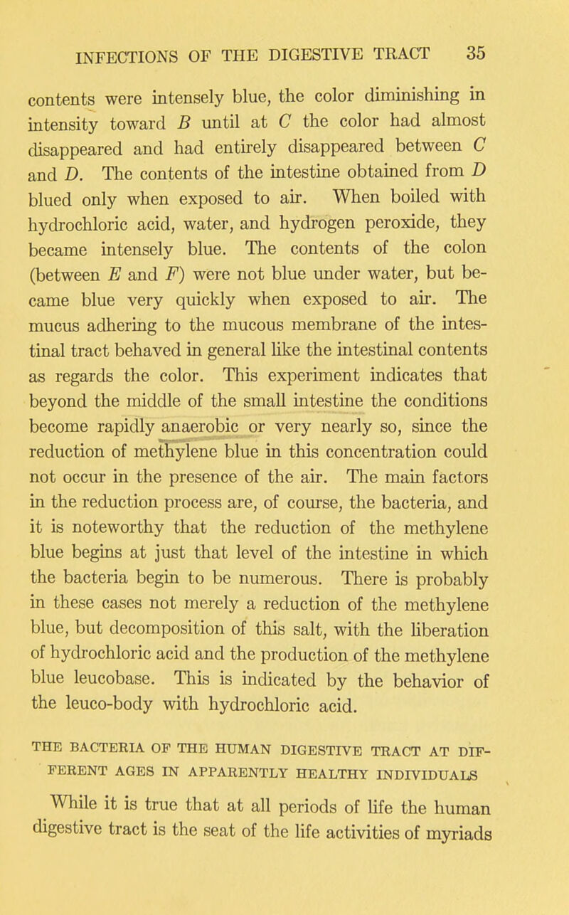 contents were intensely blue, the color diminishing in mtensity toward B until at C the color had almost disappeared and had entirely disappeared between C and D. The contents of the intestine obtained from D blued only when exposed to ah. When boiled with hydrochloric acid, water, and hydi'ogen peroxide, they became intensely blue. The contents of the colon (between E and F) wiere not blue under water, but be- came blue very quickly when exposed to air. The mucus adhering to the mucous membrane of the intes- tinal tract behaved in general hke the intestinal contents as regards the color. This experiment indicates that beyond the middle of the small intestine the conditions become rapidly anaerobic or very nearly so, since the reduction of methylene blue in this concentration could not occur in the presence of the air. The main factors in the reduction process are, of course, the bacteria, and it is noteworthy that the reduction of the methylene blue begins at just that level of the intestine in which the bacteria begin to be numerous. There is probably in these cases not merely a reduction of the methylene blue, but decomposition of this salt, with the hberation of hydrochloric acid and the production of the methylene blue leucobase. This is indicated by the behavior of the leuco-body with hydrochloric acid. THE BACTERIA OF THE HUMAN DIGESTIVE TRACT AT DIF- FERENT AGES IN APPARENTLY HEALTHY INDIVIDUALS While it is true that at all periods of hfe the human digestive tract is the seat of the life activities of myriads