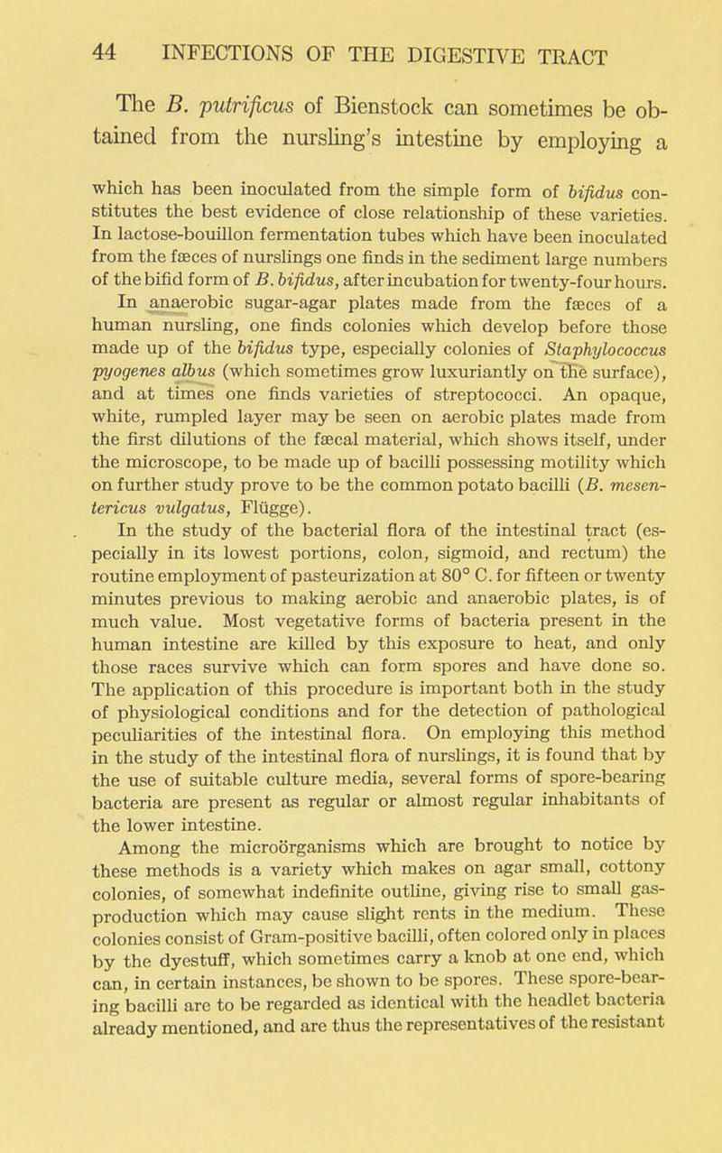 The B. putrificus of Bienstock can sometimes be ob- tained from the nurshng's intestine by employing a which has been inoculated from the simple form of bifidus con- stitutes the best evidence of close relationship of these varieties. In lactose-bouillon fermentation tubes which have been inoculated from the faeces of nurslings one finds in the sediment large numbers of the bifid form of B. bifidus, after incubation for twenty-four hours. In anaerobic sugar-agar plates made from the faeces of a human nursling, one finds colonies wliich develop before those made up of the bifidus type, especially colonies of Staphylococcus pyogenes albus (which sometimes grow luxuriantly on^tKe surface), and at times one finds varieties of streptococci. An opaque, white, rumpled layer may be seen on aerobic plates made from the first dilutions of the faecal material, which shows itself, imder the microscope, to be made up of bacilli possessing motility which on further study prove to be the common potato bacilli {B. mesen- tericus vulgatus, Fliigge). In the study of the bacterial flora of the intestinal tract (es- pecially in its lowest portions, colon, sigmoid, and rectum) the routine emplosrment of pasteurization at 80° C. for fifteen or twenty minutes previous to making aerobic and anaerobic plates, is of much value. Most vegetative forms of bacteria present in the human intestine are killed by this exposure to heat, and only those races survive which can form spores and have done so. The application of this procedure is important both in the study of physiological conditions and for the detection of pathological pecuharities of the intestinal flora. On emplosdng this method in the study of the intestinal flora of nurslings, it is found that by the use of suitable culture media, several forms of spore-bearing bacteria are present as regular or almost regular inhabitants of the lower intestine. Among the microorganisms which are brought to notice by these methods is a variety which makes on agar small, cottony colonies, of somewhat indefinite outline, giving rise to small gas- production which may cause slight rents in the medium. These colonies consist of Gram-positive bacilli, often colored only in places by the dyestuff, which sometimes carry a Icnob at one end, which can, in certain instances, be shown to be spores. These spore-bear- ing bacilli arc to be regarded as identical with the headlet bacteria already mentioned, and are thus the representatives of the resistant