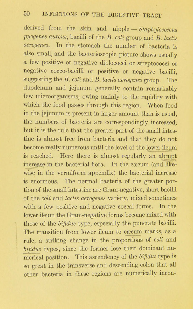 derived from the skin and nipple — Staphylococcus pyogenes aureus, bacilli of the B. coli group and B. lactis aerogenes. In the stomach the number of bacteria is also small, and the bacterioscopic picture shows usually a few positive or negative diplococci or streptococci or negative cocco-bacilli or positive or negative bacilli, suggesting the B. coli and B. lactis aerogenes group. The duodenum and jejunum generally contain remarkably few microorganisms, owing mainly to the rapidity with which the food passes through this region. When food in the jejunum is present in larger amount than is usual, the numbers of bacteria are correspondingly increased, but it is the rule that the greater part of the small intes- tine is almost free from bacteria and that they do not become really numerous until the level of the lower ileum is reached. Here there is almost regularly an abrupt increase in the bacterial flora. In the caecum (and Uke- wise in the vermiform appendix) the bacterial increase is enormous. The normal bacteria of the greater por- tion of the small intestine are Gram-negative, short bacilli of the coli and lactis aerogenes variety, mixed sometimes with a few positive and negative coccal forms. In the lower ileum the Gram-negative forms become mixed with those of the hifidus type, especially the punctate bacilli. The transition from lower ileum to cfficum marks, as a rule, a striking change in the proportions of coli and bifidus types, since the former lose their dominant nu- merical position. This ascendency of the bifidus type is so great in the transverse and descending colon that all other bacteria in these regions are numerically incon-