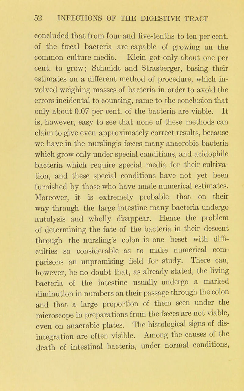 concluded that from four and five-tenths to ten per cent, of the fsecal bacteria are capable of growing on the common culture media. Klein got only about one per cent, to grow; Schmidt and Strasberger, basing their estimates on a different method of procedure, which in- volved weighing masses of bacteria in order to avoid the errors incidental to counting, came to the conclusion that only about 0.07 per cent, of the bacteria are viable. It is, however, easy to see that none of these methods can claim to give even approximately correct results, because we have in the nurshng's faeces many anaerobic bacteria which grow only under special conditions, and acidophile bacteria which require special media for their cultiva- tion, and these special conditions have not yet been furnished by those who have made numerical estimates. Moreover, it is extremely probable that on their way through the large intestine many bacteria undergo autolysis and wholly disappear. Hence the problem of determining the fate of the bacteria in their descent through the nursling's colon is one beset with diffi- culties so considerable as to make numerical com- parisons an unpromising field for study. There can, however, be no doubt that, as already stated, the fiving bacteria of the intestine usually undergo a marked diminution in numbers on their passage through the colon and that a large proportion of them seen under the microscope in preparations from the fxces are not viable, even on anaerobic plates. The histological signs of dis- integration are often visible. Among the causes of the death of intestinal bacteria, mider normal conditions,