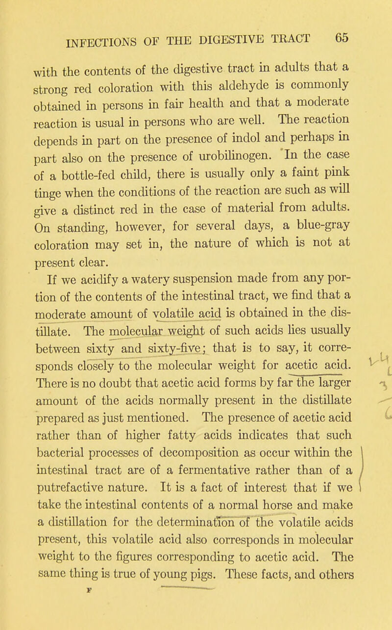 with the contents of the digestive tract in adults that a strong red coloration with this aldehyde is commonly obtained m persons in fair health and that a moderate reaction is usual in persons who are well. The reaction depends in part on the presence of indol and perhaps in part also on the presence of urobihnogen. In the case of a bottle-fed child, there is usually only a famt pink tuige when the conditions of the reaction are such as will give a distinct red in the case of material from adults. On standing, however, for several days, a blue-gray coloration may set in, the nature of which is not at present clear. If we acidify a watery suspension made from any por- tion of the contents of the intestinal tract, we find that a moderate amount of volatile acid is obtained in the dis- tillate. The molecular weight of such acids hes usually between sixty and sixty-five; that is to say, it corre- sponds closely to the molecular weight for acetic acid. There is no doubt that acetic acid forms by far the larger amount of the acids normally present in the distillate prepared as just mentioned. The presence of acetic acid rather than of higher fatty acids indicates that such bacterial processes of decomposition as occur within the intestinal tract are of a fermentative rather than of a putrefactive nature. It is a fact of interest that if we take the intestinal contents of a normal horse and make a distillation for the determinatioiTof the volatile acids present, this volatile acid also corresponds in molecular weight to the figures corresponding to acetic acid. The same thing is true of young pigs. These facts, and others