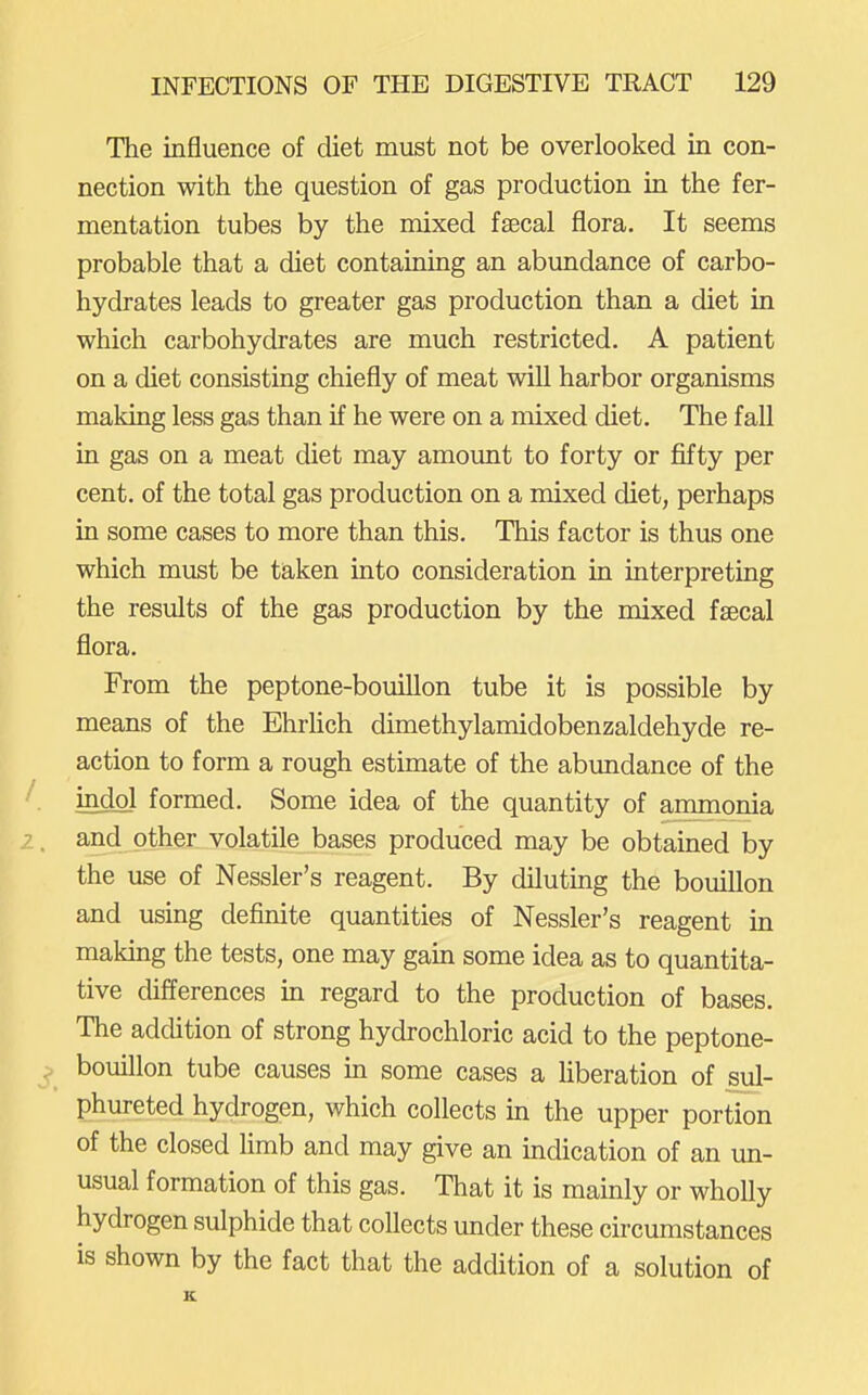 The influence of diet must not be overlooked in con- nection with the question of gas production in the fer- mentation tubes by the mixed fsecal flora. It seems probable that a diet containing an abundance of carbo- hydrates leads to greater gas production than a diet in which carbohydrates are much restricted. A patient on a diet consisting chiefly of meat will harbor organisms making less gas than if he were on a mixed diet. The fall in gas on a meat diet may amount to forty or fifty per cent, of the total gas production on a mixed diet, perhaps in some cases to more than this. This factor is thus one which must be taken into consideration in interpreting the results of the gas production by the mixed fsecal flora. From the peptone-bouillon tube it is possible by means of the Ehrhch dimethylamidobenzaldehyde re- action to form a rough estimate of the abundance of the indol formed. Some idea of the quantity of ammonia and other volatile bases produced may be obtained by the use of Nessler's reagent. By dilutmg the bouillon and using definite quantities of Nessler's reagent in making the tests, one may gain some idea as to quantita- tive differences in regard to the production of bases. The addition of strong hydrochloric acid to the peptone- bouillon tube causes in some cases a liberation of sul- phureted hydrogen, which collects in the upper portion of the closed limb and may give an indication of an un- usual formation of this gas. That it is mainly or wholly hydrogen sulphide that collects under these circumstances is shown by the fact that the addition of a solution of