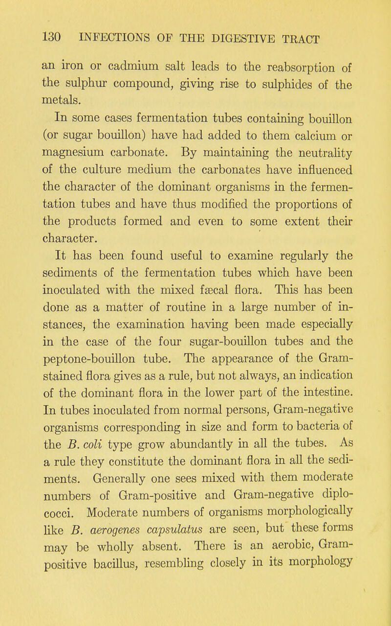 an iron or cadmium salt leads to the reabsorption of the sulphur compound, giving rise to sulphides of the metals. In some cases fermentation tubes containing bouillon (or sugar bouillon) have had added to them calcium or magnesium carbonate. By maintaining the neutraUty of the culture medium the carbonates have influenced the character of the dominant organisms in the fermen- tation tubes and have thus modified the proportions of the products formed and even to some extent their character. It has been found useful to examine regularly the sediments of the fermentation tubes which have been inoculated with the mixed faecal flora. This has been done as a matter of routine in a large number of in- stances, the examination having been made especially in the case of the four sugar-bouillon tubes and the peptone-bouillon tube. The appearance of the Gram- stained flora gives as a rule, but not always, an indication of the dominant flora in the lower part of the intestme. In tubes inoculated from normal persons. Gram-negative organisms corresponding in size and form to bacteria of the B. coU type grow abundantly in all the tubes. As a rule they constitute the dominant flora in all the sedi- ments. Generally one sees mixed with them moderate numbers of Gram-positive and Gram-negative diplo- cocci. Moderate numbers of organisms morphologically hke B. aerogenes capsulatus are seen, but these forms may be wholly absent. There is an aerobic. Gram- positive bacillus, resembhng closely in its morphology
