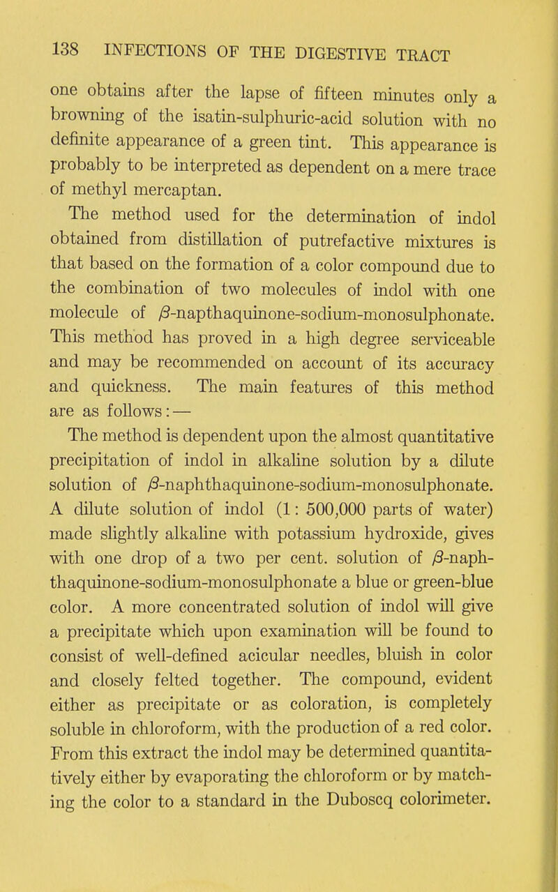 one obtains after the lapse of fifteen minutes only a browning of the isatin-sulphuric-acid solution with no definite appearance of a green tint. This appearance is probably to be interpreted as dependent on a mere trace of methyl mercaptan. The method used for the determination of indol obtained from distillation of putrefactive mixtures is that based on the formation of a color compound due to the combination of two molecules of indol with one molecule of /3-napthaquinone-sodium-monosulphonate. This method has proved in a high degree serviceable and may be recommended on account of its accuracy and quickness. The main features of this method are as follows: — The method is dependent upon the almost quantitative precipitation of indol in alkahne solution by a dilute solution of ^-naphthaquinone-sodium-monosulphonate. A dilute solution of indol (1: 500,000 parts of water) made slightly alkaline with potassium hydroxide, gives with one drop of a two per cent, solution of /3-naph- thaquinone-sodium-monosulphonate a blue or green-blue color. A more concentrated solution of indol will give a precipitate which upon examination will be found to consist of well-defined acicular needles, bluish in color and closely felted together. The compound, evident either as precipitate or as coloration, is completely soluble in chloroform, with the production of a red color. From this extract the indol may be determined quantita- tively either by evaporating the chloroform or by match- ing the color to a standard in the Duboscq colorimeter.