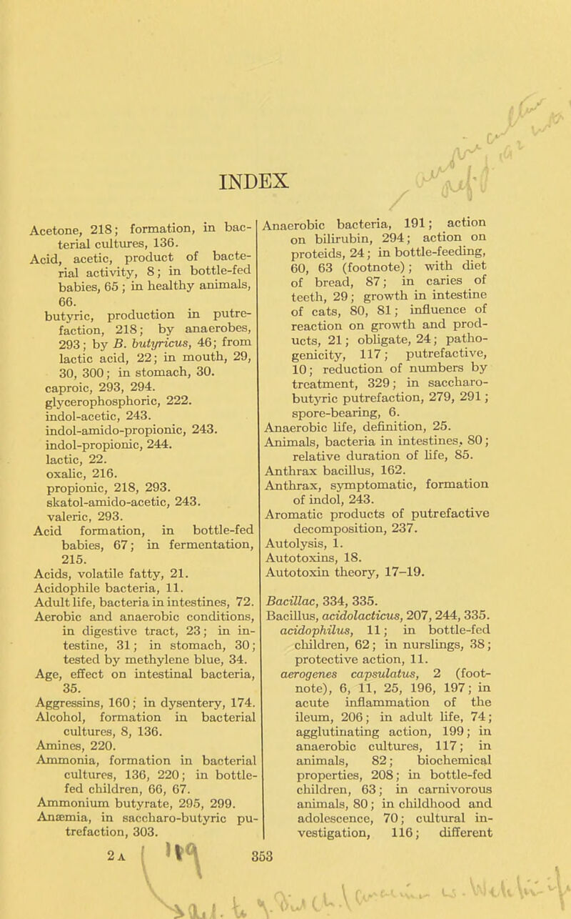 INDEX Acetone, 218; formation, in bac- terial cultures, 136. Acid, acetic, product of bacte- rial activity, 8; in bottle-fed babies, 65 ; in healthy animals, 66. butyric, production in putre- faction, 218; by anaerobes, 293; by B. butyricus, 46; from lactic acid, 22; in mouth, 29, 30, 300; in stomach, 30. caproic, 293, 294. glycerophosphoric, 222. indol-acetic, 243. indol-amido-propionic, 243. indol-propionic, 244. lactic, 22. oxahc, 216. propionic, 218, 293. skatol-amido-acetic, 243. valeric, 293. Acid formation, in bottle-fed babies, 67; in fermentation, 215. Acids, volatile fatty, 21. Acidophile bacteria, 11. Adult life, bacteria in intestines, 72. Aerobic and anaerobic conditions, in digestive tract, 23; in in- testine, 31; in stomach, 30; tested by methylene blue, 34. Age, effect on intestinal bacteria, 35. Aggressins, 160; in dysentery, 174. Alcohol, formation in bacterial cultures, 8, 136. Amines, 220. Ammonia, formation in bacterial cultures, 136, 220; in bottle- fed children, 66, 67. Ammonium butyrate, 295, 299. Ansemia, in saccharo-butyric pu trefaction, 303. 2a Anaerobic bacteria, 191; action on bilirubin, 294; action on proteids, 24; in bottle-feeding, 60, 63 (footnote); with diet of bread, 87; in caries of teeth, 29; growth in intestine of cats, 80, 81; influence of reaction on growth and prod- ucts, 21; obhgate, 24; patho- genicity, 117; putrefactive, 10; reduction of nimibers by treatment, 329; in saccharo- butyric putrefaction, 279, 291; spore-bearing, 6. Anaerobic life, definition, 25. Animals, bacteria in intestines, 80; relative duration of life, 85. Anthrax bacillus, 162. Anthrax, symptomatic, formation of indol, 243. Aromatic products of putrefactive decomposition, 237. Autolysis, 1. Autotoxins, 18. Autotoxin theory, 17-19. Bacillac, 334, 335. BacUlus, acidolacticus, 207, 244, 335. acidophilus, 11; in bottle-fed children, 62; in nurslings, 38; protective action, 11. aerogenes capsulatus, 2 (foot- note), 6, 11, 25, 196, 197; in acute inflammation of the ileum, 206; in adult Ufe, 74; agglutinating action, 199; in anaerobic cultures, 117; in animals, 82; biochemical properties, 208; in bottle-fed children, 63; in carnivorous animals, 80; in childhood and adolescence, 70; cultiu-al in- vestigation, 116; different