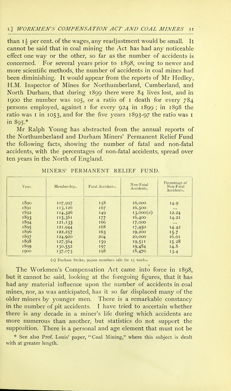 than \ \ per cent, of the wages, any readjustment would be small. It cannot be said that in coal mining the Act has had any noticeable effect one way or the other, so far as the number of accidents is concerned. For several years prior to 1898, owing to newer and more scientific methods, the number of accidents in coal mines had been diminishing. It would appear from the reports of Mr Hedley, H.M. Inspector of Mines for Northumberland, Cumberland, and North Durham, that during 1899 there were 84 lives lost, and in 1900 the number was 105, or a ratio of i death for every 784 persons employed, against i for every 924 in 1899 I i^i 1898 the ratio was i in 105 3, and for the five years 1893-97 the ratio was i in 895.* Mr Ralph Young has abstracted from the annual reports of the Northumberland and Durham Miners' Permanent Relief Fund the following facts, showing the number of fatal and non-fatal accidents, with the percentages of non-fatal accidents, spread over ten years in the North of England. MINERS' PERMANENT RELIEF FUND. Year. Membership. Fatal Accidents. Non-Fatal Accidents, Percentage of Non-Fatal Accidents. 1890 107,997 158 16,000 14.9 189I 113,126 167 16,500 1892 114,326 149 i3,ooo(«) 12.24 1893 II5-361 177 16,400 14.21 1894 121,133 166 17,000 1895 121,944 168 17.450 14.42 1896 122,257 163 19,200 15-7 1897 124,920 204 20,000 16.01 1898 127,564 159 I9.51I 15.28 1899 130,552 197 19,484 14.8 1900 137.073 198 18,470 13-4 (a) Durham Strike, 90,000 members idle for 13 weeks. The Workmen's Compensation Act came into force in 1898, but it cannot be said, looking at the foregoing figures, that it has had any material influence upon the number of accidents in coal mines, nor, as was anticipated, has it so far displaced many of the older miners by younger men. There is a remarkable constancy in the number of pit accidents. I have tried to ascertain whether there is any decade in a miner's life during which accidents are more numerous than another, but statistics do not support the supposition. There is a personal and age element that must not be * See also Prof. Louis' paper, Coal Mining, where this subject is dealt with at greater length.