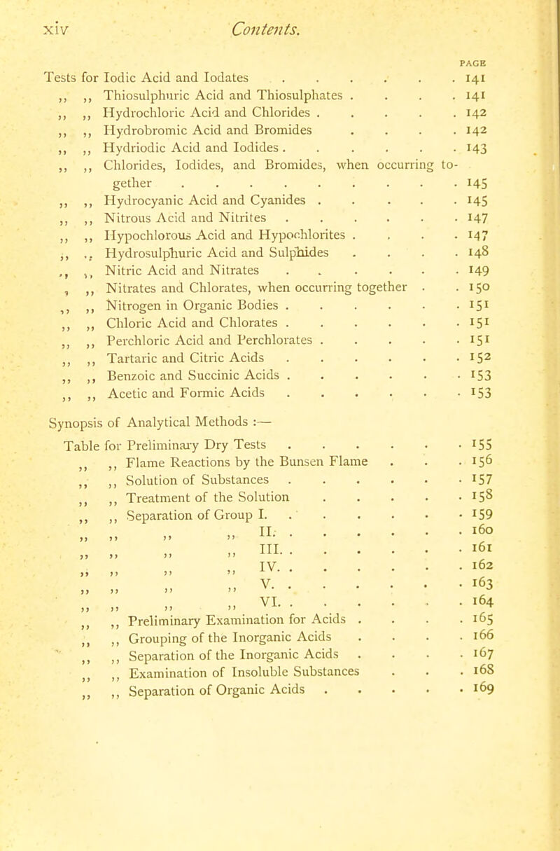 Tests for Iodic Acid and lodates ,, ,, Thiosulphnric Acid and Thiosulphates „ Hydrochloric Acid and Chlorides . ,, ,, Hydrobromic Acid and Bromides ,, ,, Hydriodic Acid and Iodides . ,, ,, Chlorides, Iodides, and Bromides, when occurring to gether ..... ,, ,, Hydrocyanic Acid and Cyanides . ,, ,, Nitrous Acid and Nitrites ,, ,, Hypochlorous Acid and Hypochlorites ,, Hydrosulpliuric Acid and Sulphides Nitric Acid and Nitrates , ,, Nitrates and Chlorates, when occurring togeth ,, Nitrogen in Organic Bodies . ,, ,, Chloric Acid and Chlorates . ,, ,, Perchloric Acid and Perchlorates ,, ,, Tartaric and Citric Acids ,, ,, Benzoic and Succinic Acids . ,, ,, Acetic and Formic Acids Synopsis of Analytical Methods :— Table for Preliminary Dry Tests ,, Flame Reactions by the Bunsen Flame ,, ,, Solution of Substances ,, Treatment of the Solution ,, ,, Separation of Group I. ), )> >>  ■ „ „ „ Ill-- IV V. . J> )> J'  VI. . ,, ,, Preliminary Examination for Acids ,, ,, Grouping of the Inorganic Acids ,, ,, Separation of the Inorganic Acids ,, ,, Examination of Insoluble Substances ,, ,, Separation of Organic Acids . PAGE 141 141 142 142 145 145 147 147 148 149 150 153 153 156 157 158 159 160 161 162 163 164 165 i66 167 168 169