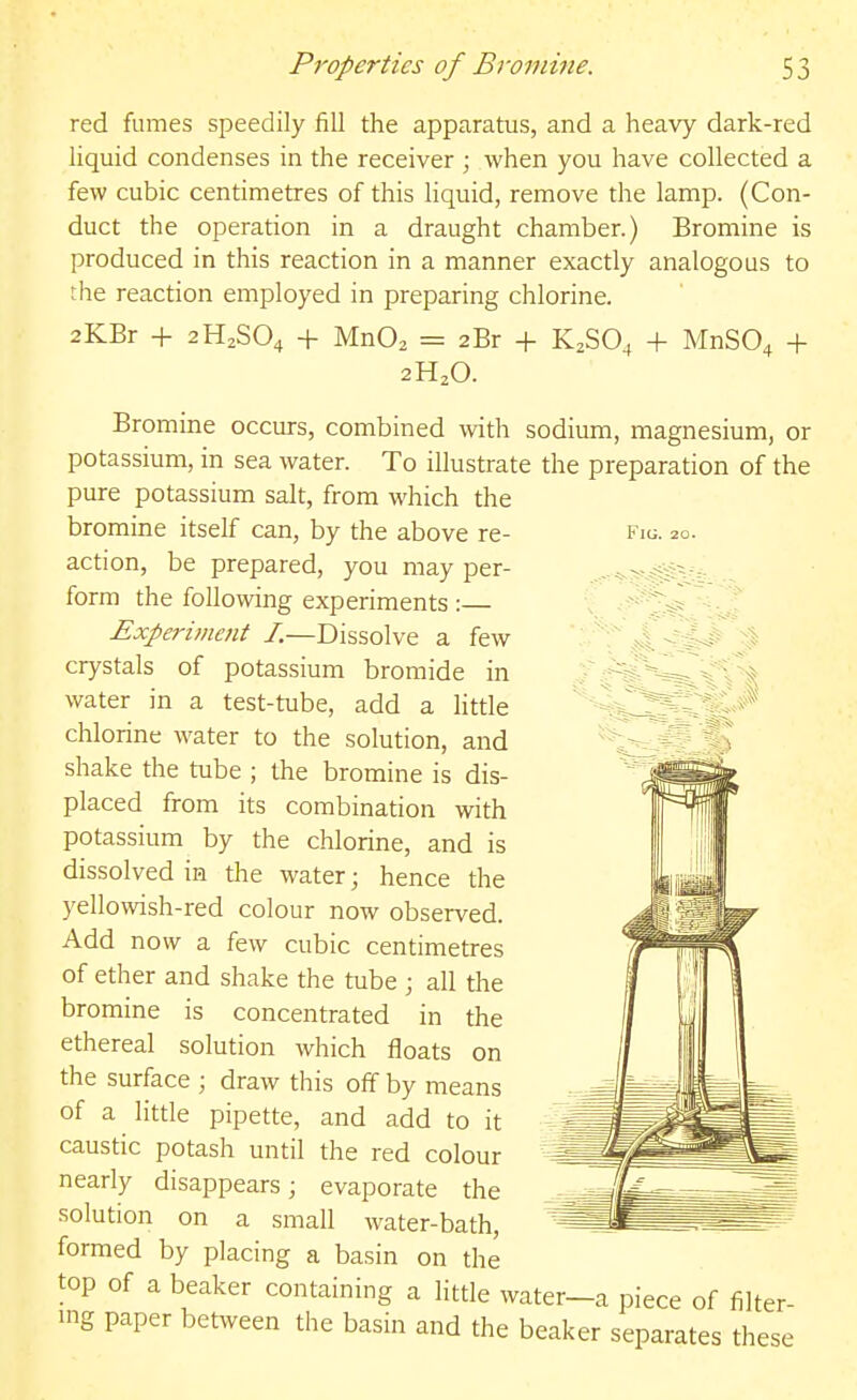 red fumes speedily fill the apparatus, and a heavy dark-red liquid condenses in the receiver ; when you have collected a few cubic centimetres of this liquid, remove the lamp. (Con- duct the operation in a draught chamber.) Bromine is produced in this reaction in a manner exactly analogous to the reaction employed in preparing chlorine. 2KBr -f 2H2SO4 + Mn02 = 2Br -|- K^SO^ + MnS04 + 2H2O. Bromine occurs, combined with sodium, magnesium, or potassium, in sea water. To illustrate the preparation of the pure potassium salt, from which the bromine itself can, by the above re- action, be prepared, you may per- form the following experiments :— Experiment I.—Dissolve a few crystals of potassium bromide in water in a test-tube, add a little chlorine water to the solution, and shake the tube ; the bromine is dis- placed from its combination with potassium by the chlorine, and is dissolved in the water; hence the yellowish-red colour now observed. Add now a few cubic centimetres of ether and shake the tube ; all the bromine is concentrated in the ethereal solution which floats on the surface ; draw this off by means of a little pipette, and add to it caustic potash until the red colour nearly disappears; evaporate the solution on a small water-bath, formed by placing a basin on the top of a beaker containing a little water—a piece of filter- ing paper between the basin and the beaker separates these