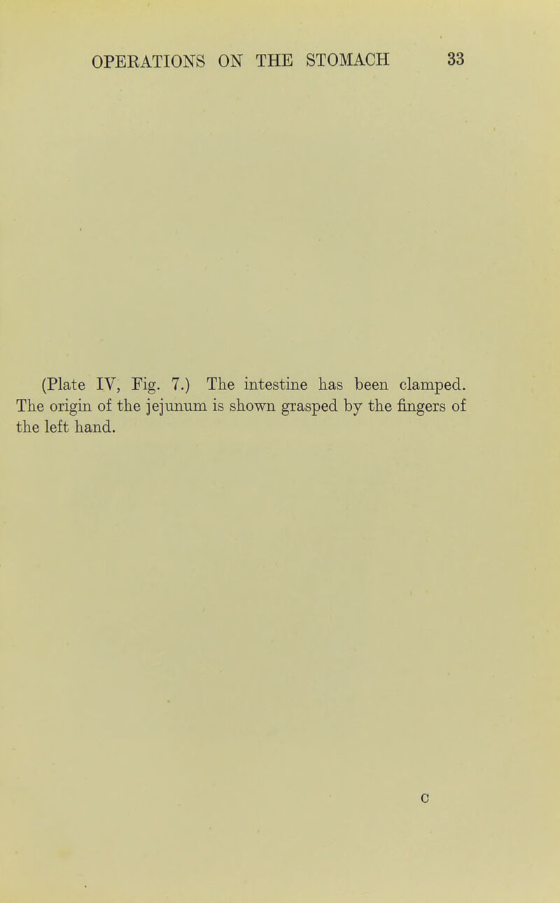 (Plate IV, Fig. 7.) The intestine has been clamped. The origin of the jejunum is shown grasped by the fingers of the left hand. 0