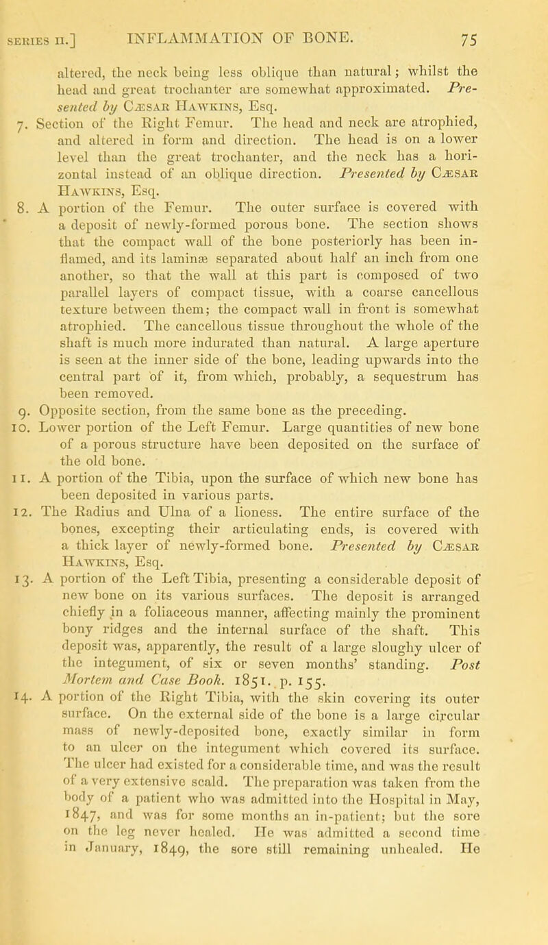 altered, the neck being less oblique than natural; whilst the head and great trochanter ai-e somewhat approximated. Pre- sented by C^SAR Hawkins, Esq. 7. Section of the Right Femur. The head and neck arc atrophied, and altered in form and direction. The head is on a lower level than the great trochanter, and the neck has a hori- zontal instead of an oblique direction. Presented by C^SAR Hawkins, Esq. 8. A portion of the Femur. The outer surface is covered with a deposit of newly-formed porous bone. The section shows that the compact wall of the bone posteriorly has been in- flamed, and its laminaj separated about half an inch from one another, so that the wall at this part is composed of two parallel layers of compact tissue, with a coarse cancellous texture between them; the compact wall in front is somewhat atrophied. The cancellous tissue throughout the whole of the shaft is much more indurated than natural. A large aperture is seen at the inner side of the bone, leading upwards into the central part of it, from which, probably, a sequestrum has been removed. 9. Opposite section, from the same bone as the preceding. 10. Lower portion of the Left Femur. Large quantities of new bone of a porous structure have been deposited on the surface of the old bone. 11. A portion of the Tibia, upon the surface of which new bone has been deposited in various parts. 12. The Radius and Ulna of a lioness. The entire surface of the bones, excepting their articulating ends, is covered with a thick layer of newly-formed bone. Presented by C^sar Haavkixs, Esq. 13. A portion of the Left Tibia, presenting a considerable deposit of new bone on its various surfaces. The deposit is arranged chiefly in a foliaceous manner, affecting mainly the prominent bony ridges and the internal surface of the shaft. This deposit was, apparently, the result of a large sloughy ulcer of the integument, of six or seven months' standing. Post Mortem and Case Booh. 1851, p. 155. 14. A portion of the Right Tibia, with the skin covering its outer surface. On the external side of the bone is a large circular mass of newly-deposited bone, exactly similar in form to an ulcer on the integument which covered its surface. The ulcer had existed for a considerable time, and was the result of a very extensive scald. The preparation was taken from the body of a patient who was admitted into the Hospital in May, 1847, '^vas for some months an in-patient; but the sore on the leg never healed. He was admitted a second time in January, 1849, ^^^^ ^till remaining unhealed. He